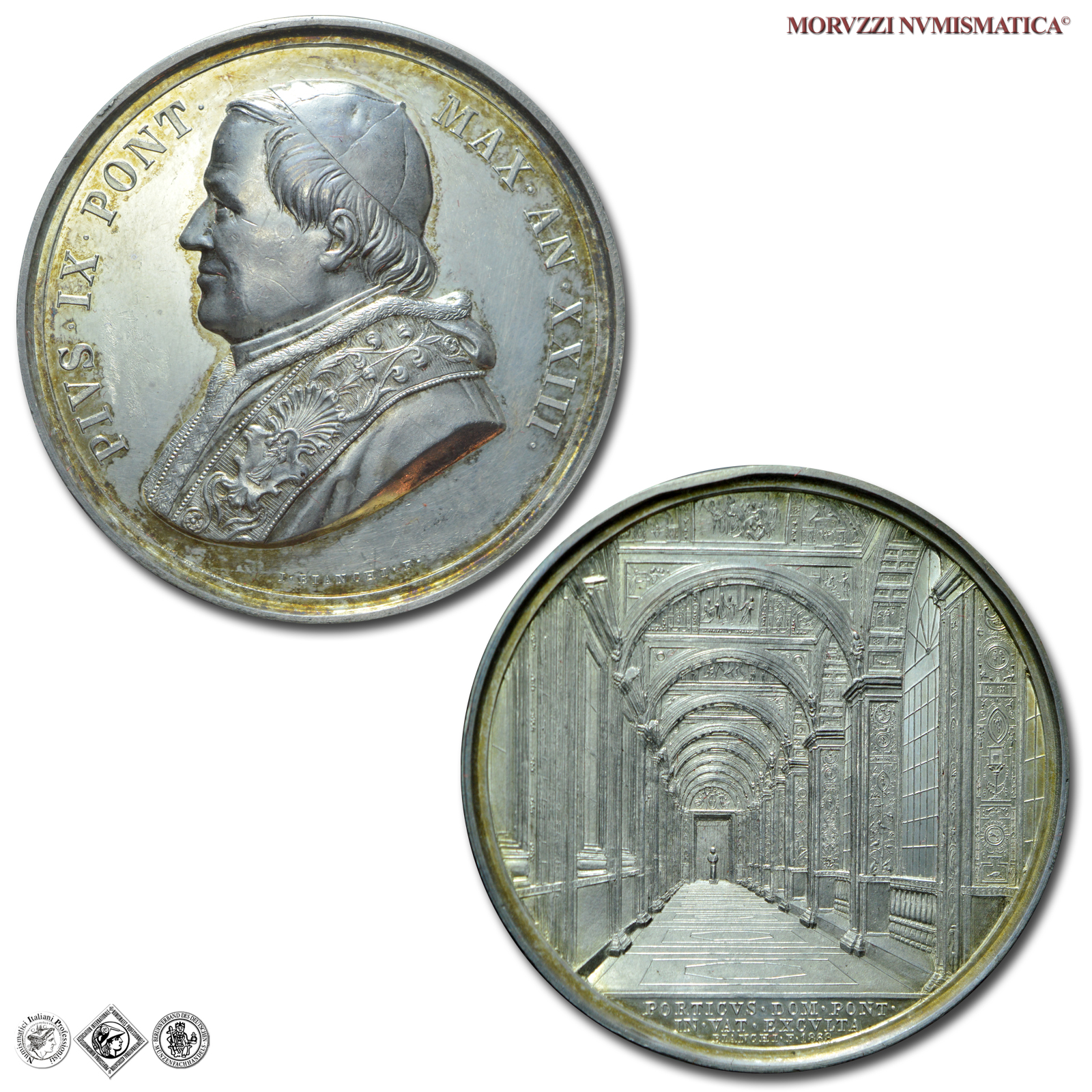 Stato Pontificio, PIO IX, Mastai Ferretti, MEDAGLIA ANNUALE IN ARGENTO, 1868 AN XXIII, Sistemazione della Galleria Piana o Loggia Pia delle Logge di Raffaello, Opus Ignazio Bianchi, qFDC, (Bartolotti E868) / medaglie papali pontificie annuali d'argento | Moruzzi Numismatica