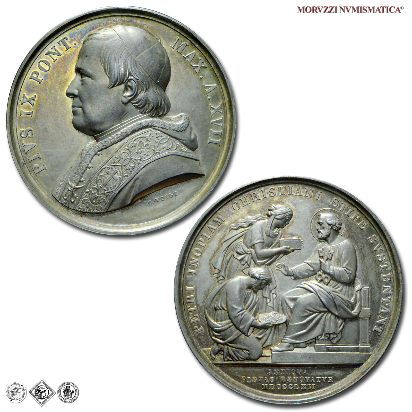 Stato Pontificio, PIO IX, Mastai Ferretti, MEDAGLIA ANNUALE IN ARGENTO, 1862 A XVII, L'obolo di San Pietro, Opus Carlo Voigt, qFDC, (Bartolotti E862) / medaglie papali pontificie annuali d'argento | Moruzzi Numismatica