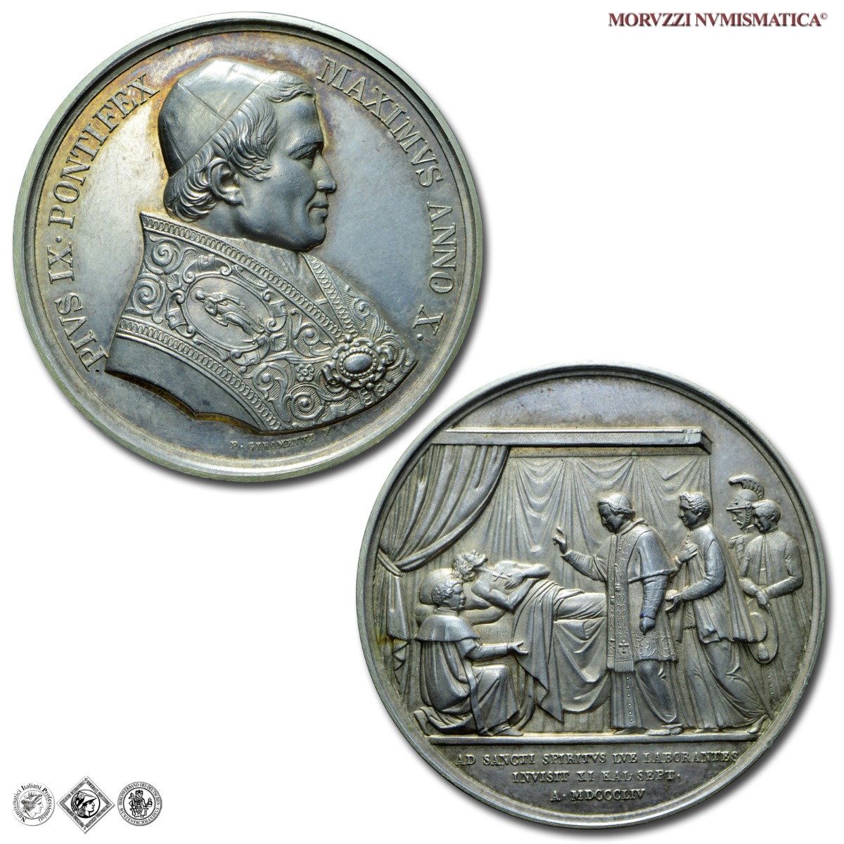 Stato Pontificio, PIO IX, Mastai Ferretti, MEDAGLIA ANNUALE IN ARGENTO, 1855 ANNO X, Visita all'Ospedale di Santo Spirito, Opus Pietro Girometti, qFDC, (R), (Bartolotti E855) / medaglie papali pontificie annuali rare d'argento | Moruzzi Numismatica