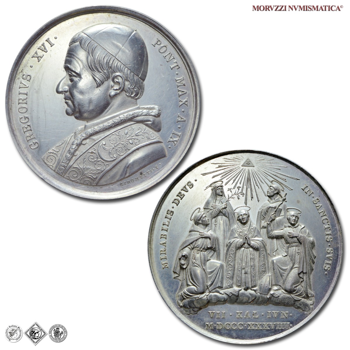 Stato Pontificio, GREGORIO XVI, Cappellari, MEDAGLIA ANNUALE IN ARGENTO, 1839 A IX, Canonizzazioni del 1839, Opus Giuseppe Girometti, FDC, (NC), (Bartolotti E839) / medaglie papali pontificie annuali d'argento | Moruzzi Numismatica