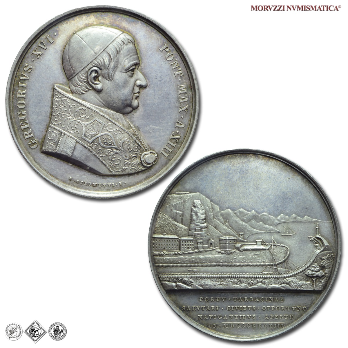 Stato Pontificio, GREGORIO XVI, Cappellari, MEDAGLIA ANNUALE IN ARGENTO, 1843 A XIII, Sistemazione del porto di Terracina, Opus Giuseppe Girometti, mSPL, (R), (Bartolotti E843) / medaglie papali pontificie annuali rare d'argento | Moruzzi Numismatica