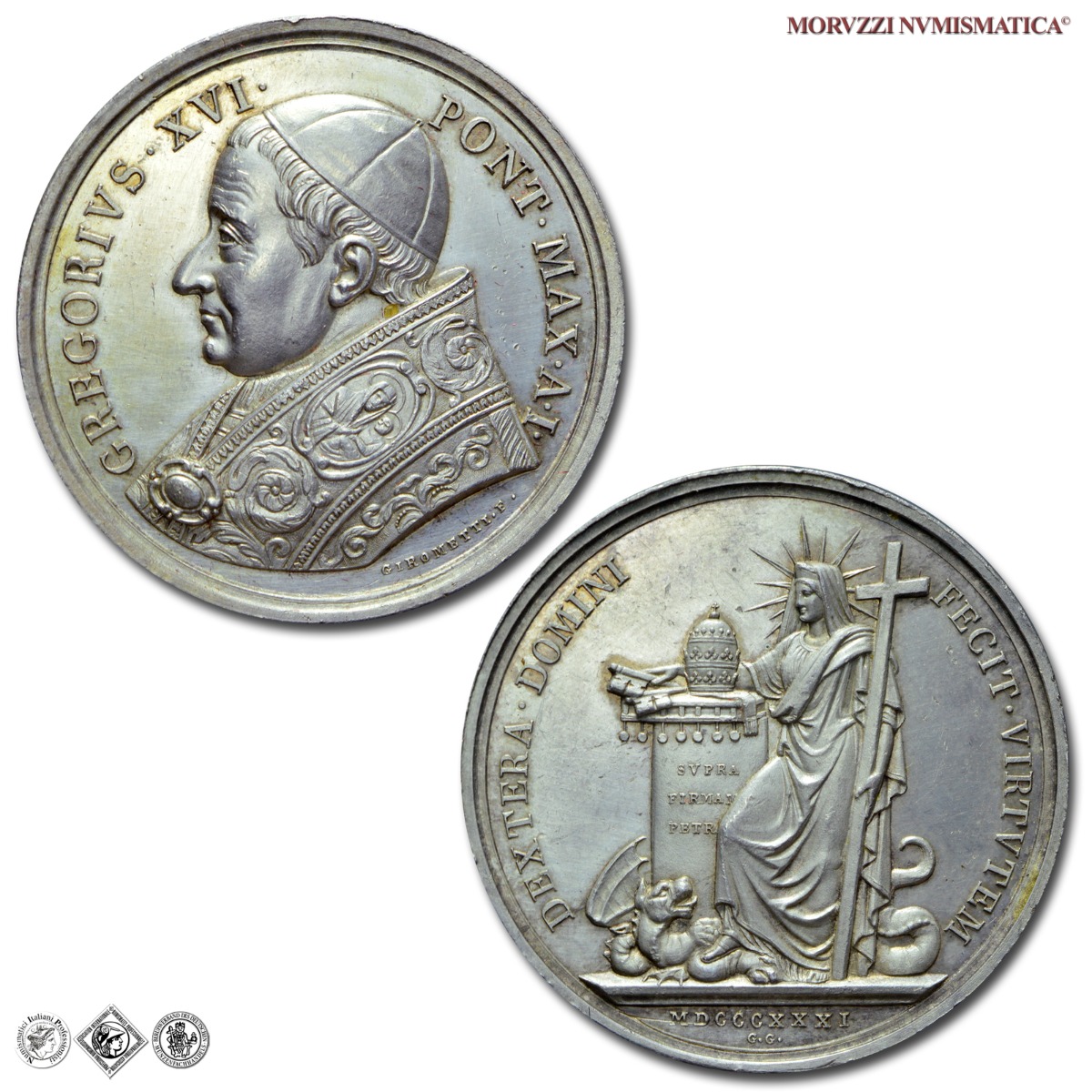 Stato Pontificio, GREGORIO XVI, Cappellari, MEDAGLIA ANNUALE IN ARGENTO, 1831 A. I, Elezione al Pontificato, Opus Giuseppe Girometti, qFDC, (R), (Bartolotti E831) / medaglie papali pontificie annuali rare d'argento | Moruzzi Numismatica