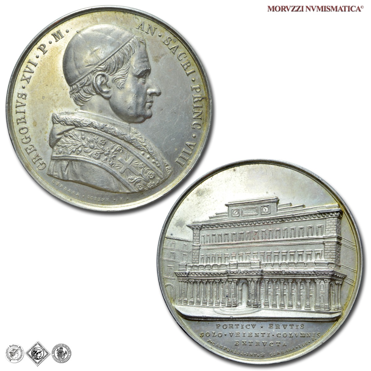 Stato Pontificio, GREGORIO XVI, Cappellari, MEDAGLIA ANNUALE IN ARGENTO mm. 43,64, 1838 ANNO VIII, Palazzo delle Poste pontificie in piazza Colonna, Opus  G. Cerbara, qFDC, (R), (Bartolotti E838) / medaglie papali pontificie annuali rare d'argento | Moruzzi Numismatica