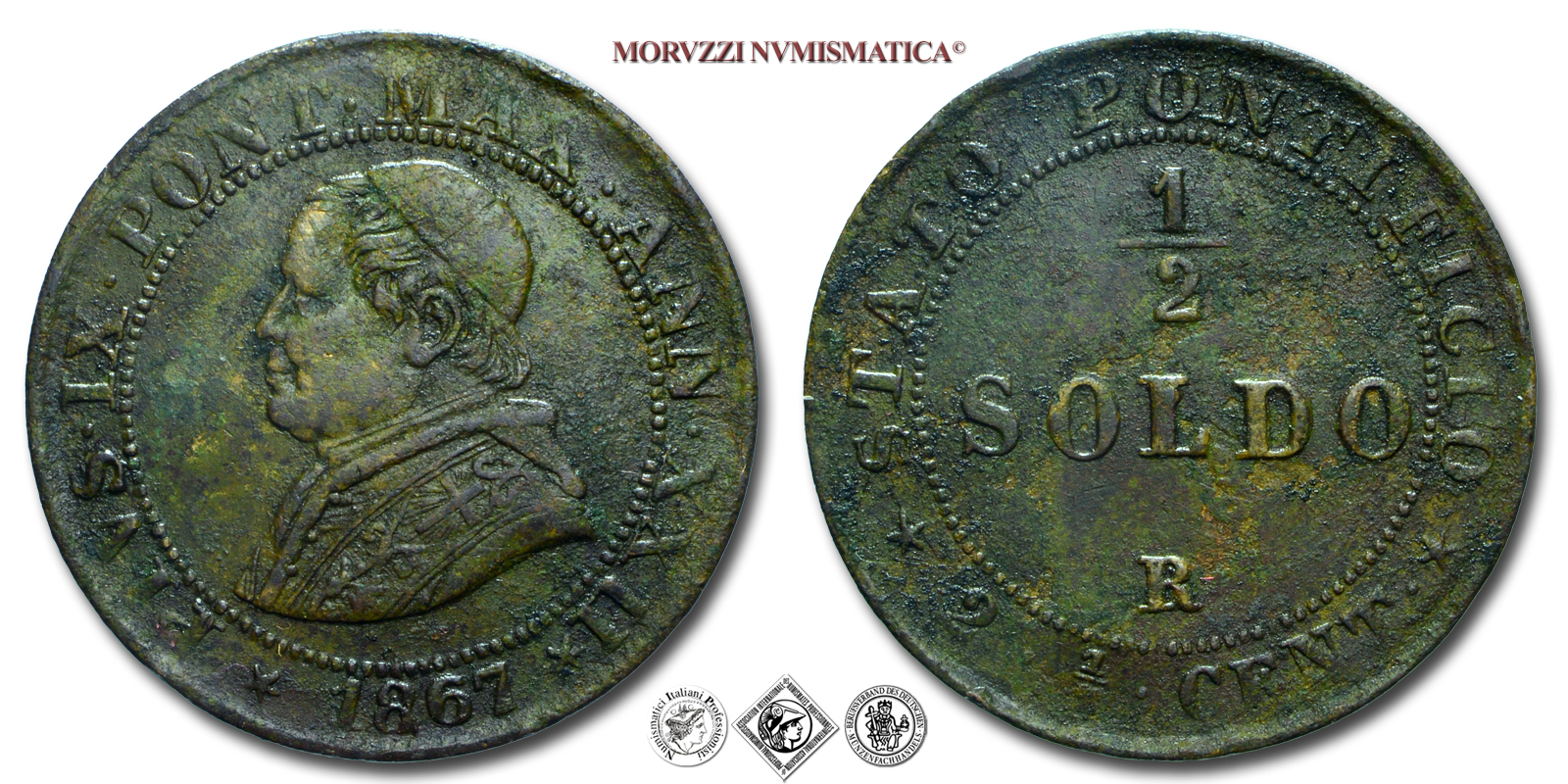 Stato Pontificio, PIO IX, Mastai Ferretti, SOLDO 1/2, 1867 ANN XXII, Zecca di Roma, RAME, mBB, (Pagani 606) / monete papali pontificie da collezione | Moruzzi Numismatica