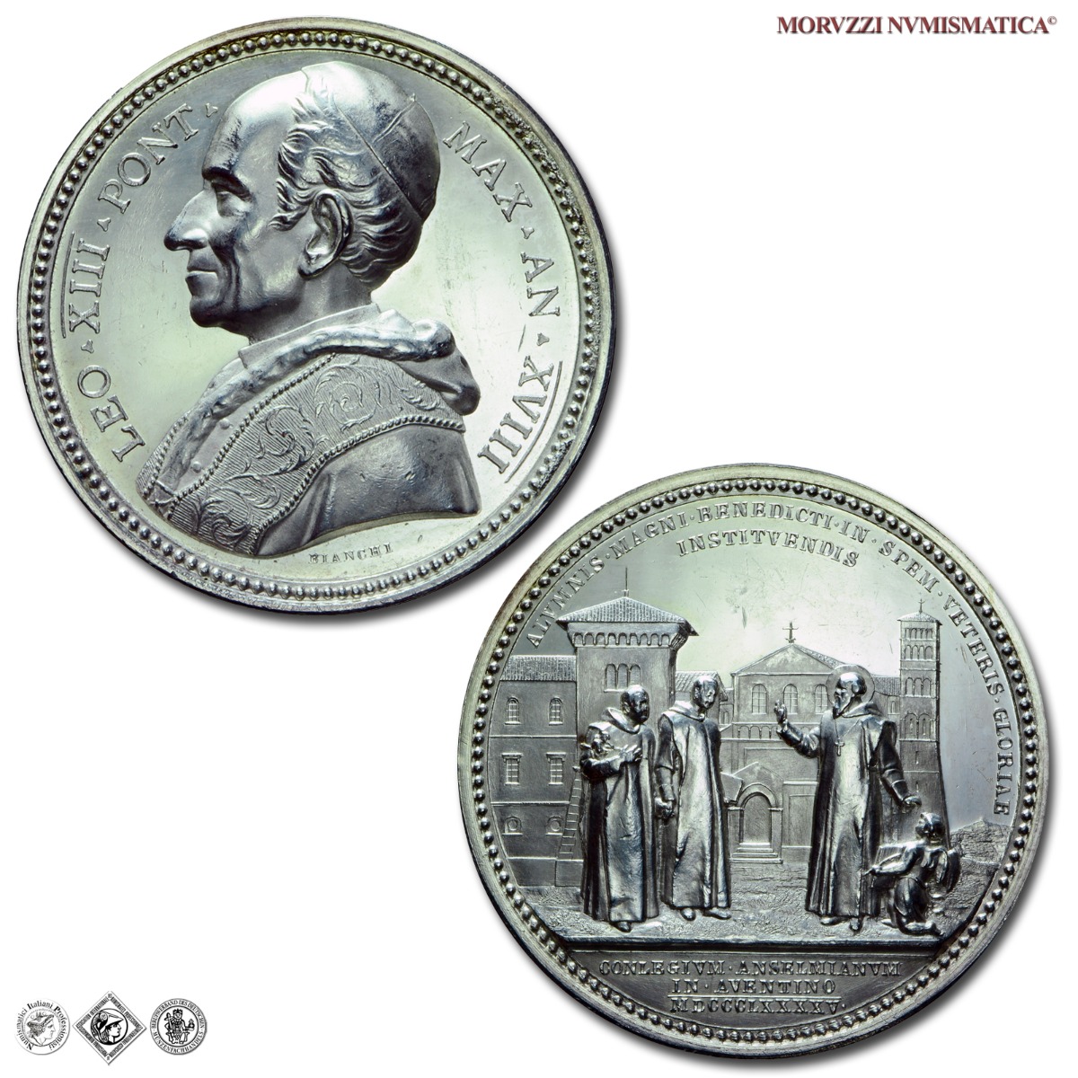 Stato Pontificio, LEONE XIII, Pecci, MEDAGLIA ANNUALE IN ARGENTO, 1895 AN XVIII, Fondazione del Collegio Anselmiano, Opus Francesco Bianchi, FDC, (NC), (Bartolotti E895) / medaglie papali pontificie annuali d'argento | Moruzzi Numismatica