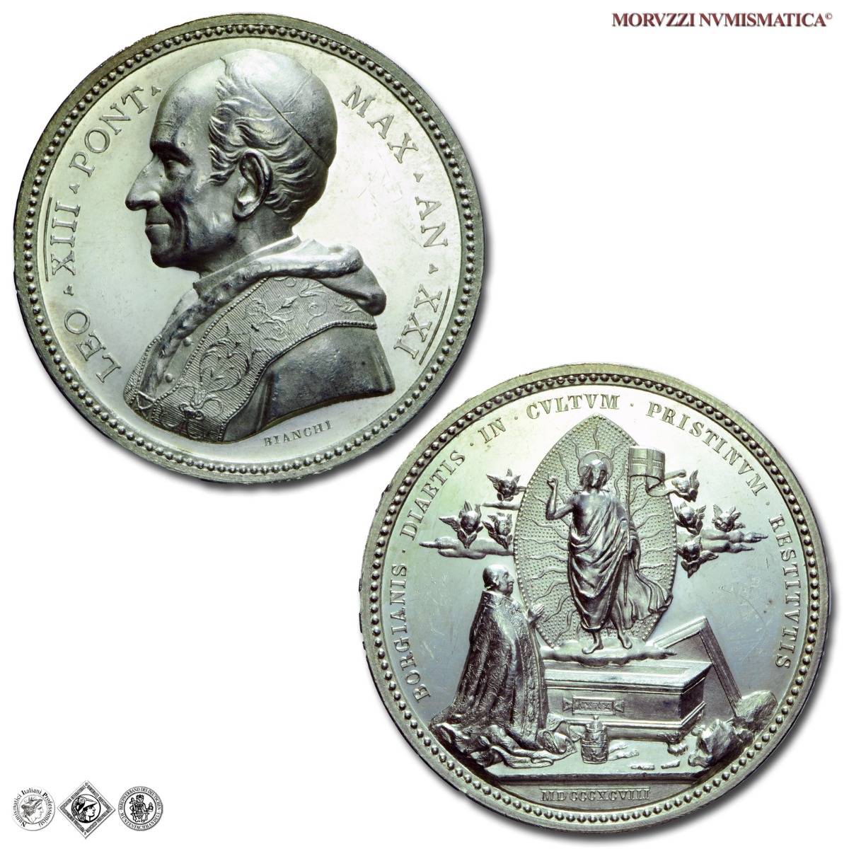 Stato Pontificio, LEONE XIII, Pecci, MEDAGLIA ANNUALE IN ARGENTO, 1898 AN XXI, Restauro delle Aule Borgiane, Opus Francesco Bianchi, qFDC, (NC), (Bartolotti E898) / medaglie papali pontificie annuali d'argento | Moruzzi Numismatica