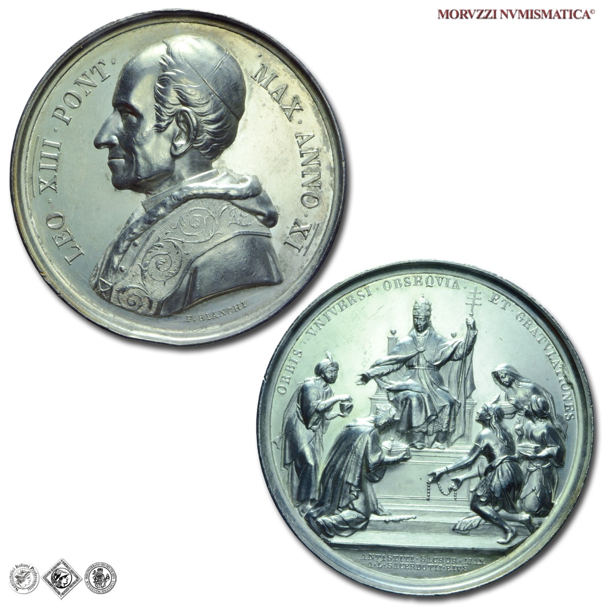 Stato Pontificio, LEONE XIII, Pecci, MEDAGLIA ANNUALE IN ARGENTO, ANNO XI, 50° anniversario di sacerdozio del Papa, Opus Francesco Bianchi, qFDC, (NC), (Bartolotti E888) / medaglie papali pontificie annuali d'argento | Moruzzi Numismatica