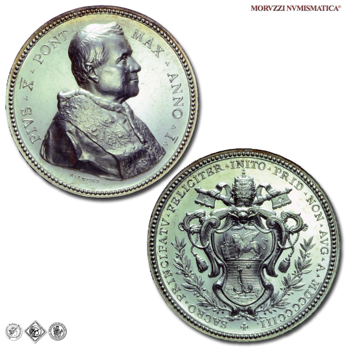 Stato Pontificio, PIO X, Sarto, MEDAGLIA ANNUALE IN ARGENTO, 1904 ANNO I, Elezione al Pontificato, Opus Francesco Bianchi, FDC, (R), (Bartolotti E904) / medaglie papali pontificie annuali rare d'argento | Moruzzi Numismatica