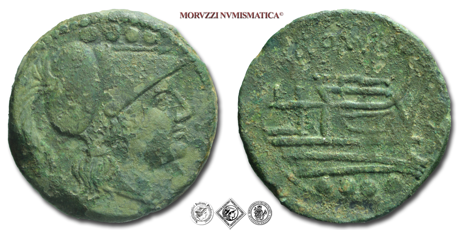 ANONIMO POST-SEMILIBRALE, TRIENTE, 217-212 a.C., testa galeata di Minerva e sopra 4 globetti / prua di nave con sopra ROMA e sotto 4 globetti, zecca di Roma, BRONZO, mBB, (NC), (Crawford 41/7b) / monete romane repubblicane antiche (Repubblica Romana) | Moruzzi Numismatica