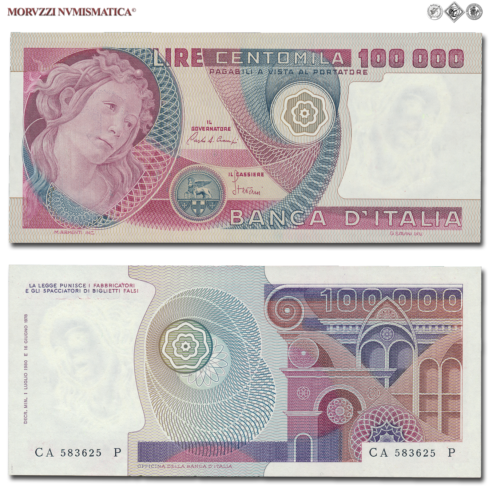 Repubblica Italiana, BANCA D'ITALIA, 100000 LIRE, 01.07.1980, Botticelli, Firme: Ciampi, Stevani, qFDS, (Crapanzano 618) / banconote italiane (cartamoneta italiana - biglietti da collezione - banconota da 100.000 lire) | Moruzzi Numismatica