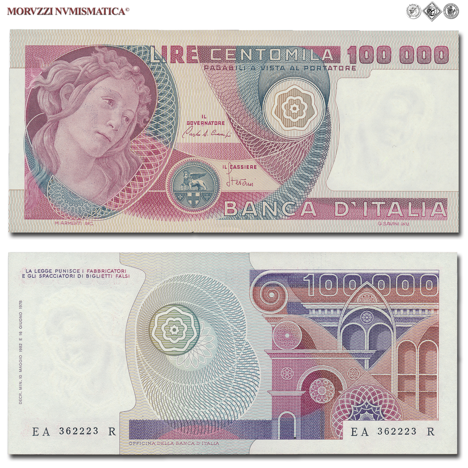 Repubblica Italiana, BANCA D'ITALIA, 100000 LIRE, 10.05.1982, Botticelli, Firme: Ciampi, Stevani, FDS, (Crapanzano 619) / banconote italiane (cartamoneta italiana - biglietti da collezione - banconota da 100.000 lire) | Moruzzi Numismatica