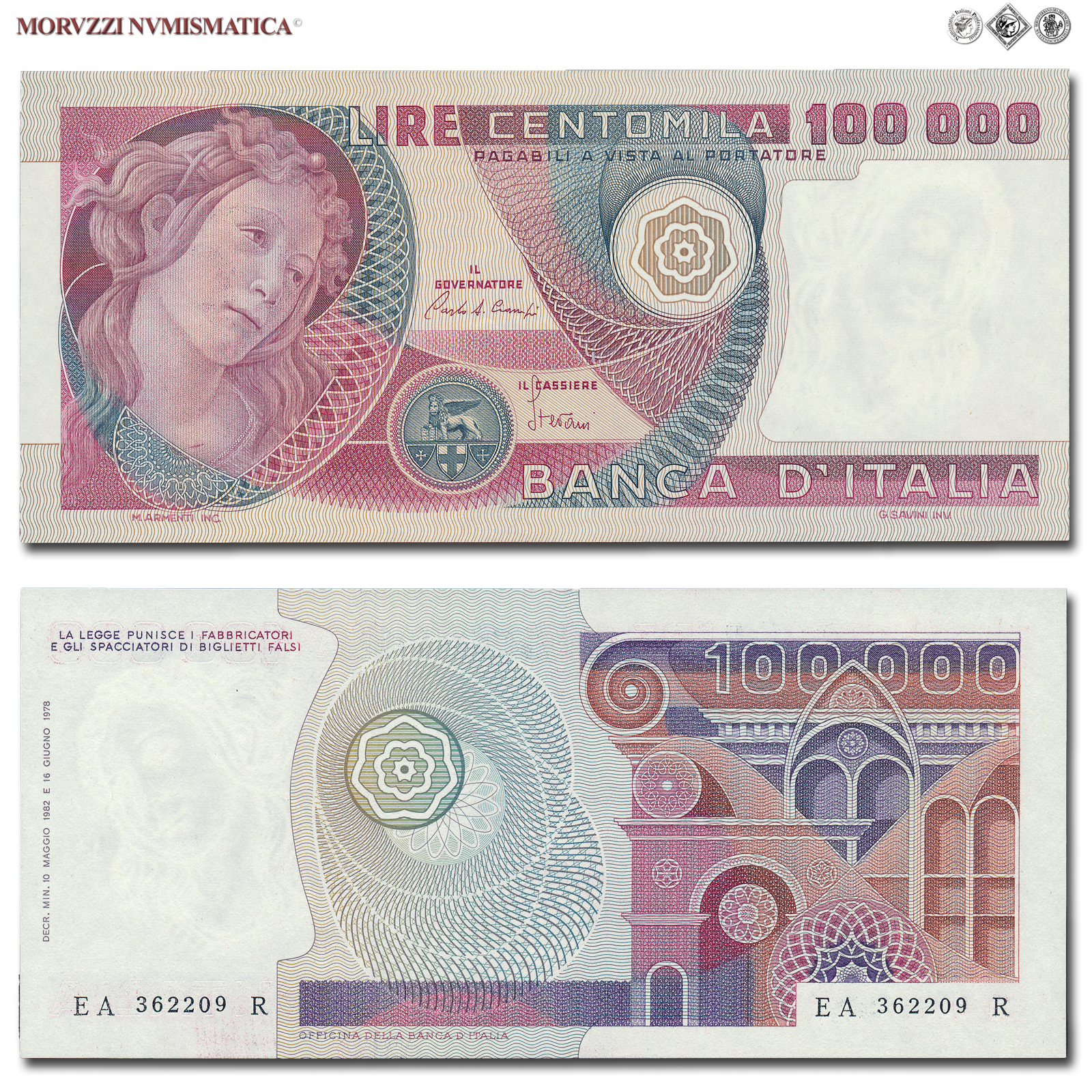 Repubblica Italiana, BANCA D'ITALIA, 100000 LIRE, 10.05.1982, Botticelli, Firme: Ciampi, Stevani, qFDS, (Crapanzano 619) / banconote italiane (cartamoneta italiana - biglietti da collezione - banconota da 100.000 lire) | Moruzzi Numismatica