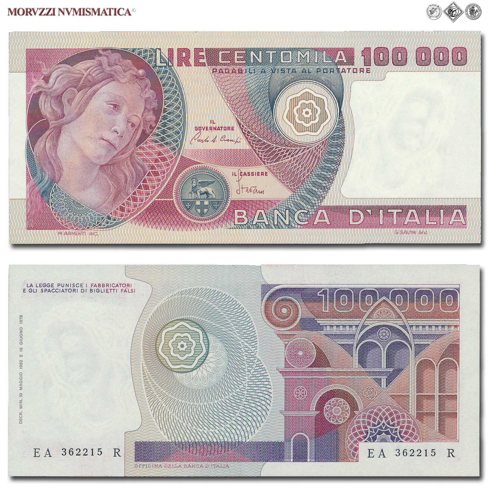 Repubblica Italiana, BANCA D'ITALIA, 100000 LIRE, 10.05.1982, Botticelli, Firme: Ciampi, Stevani, FDS, (Crapanzano 619) / banconote italiane (cartamoneta italiana - biglietti da collezione - banconota da 100.000 lire) | Moruzzi Numismatica