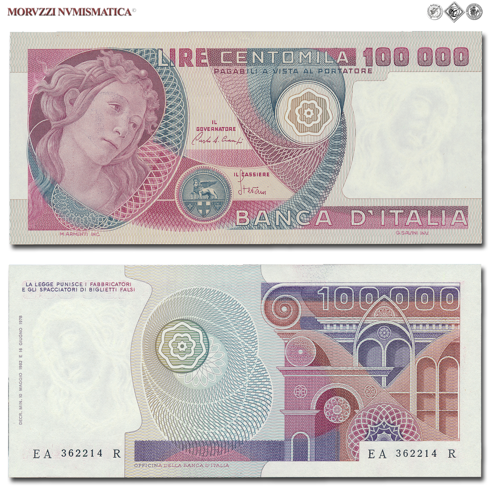 Repubblica Italiana, BANCA D'ITALIA, 100000 LIRE, 10.05.1982, Botticelli, Firme: Ciampi, Stevani, FDS, (Crapanzano 619) / banconote italiane (cartamoneta italiana - biglietti da collezione - banconota da 100.000 lire) | Moruzzi Numismatica