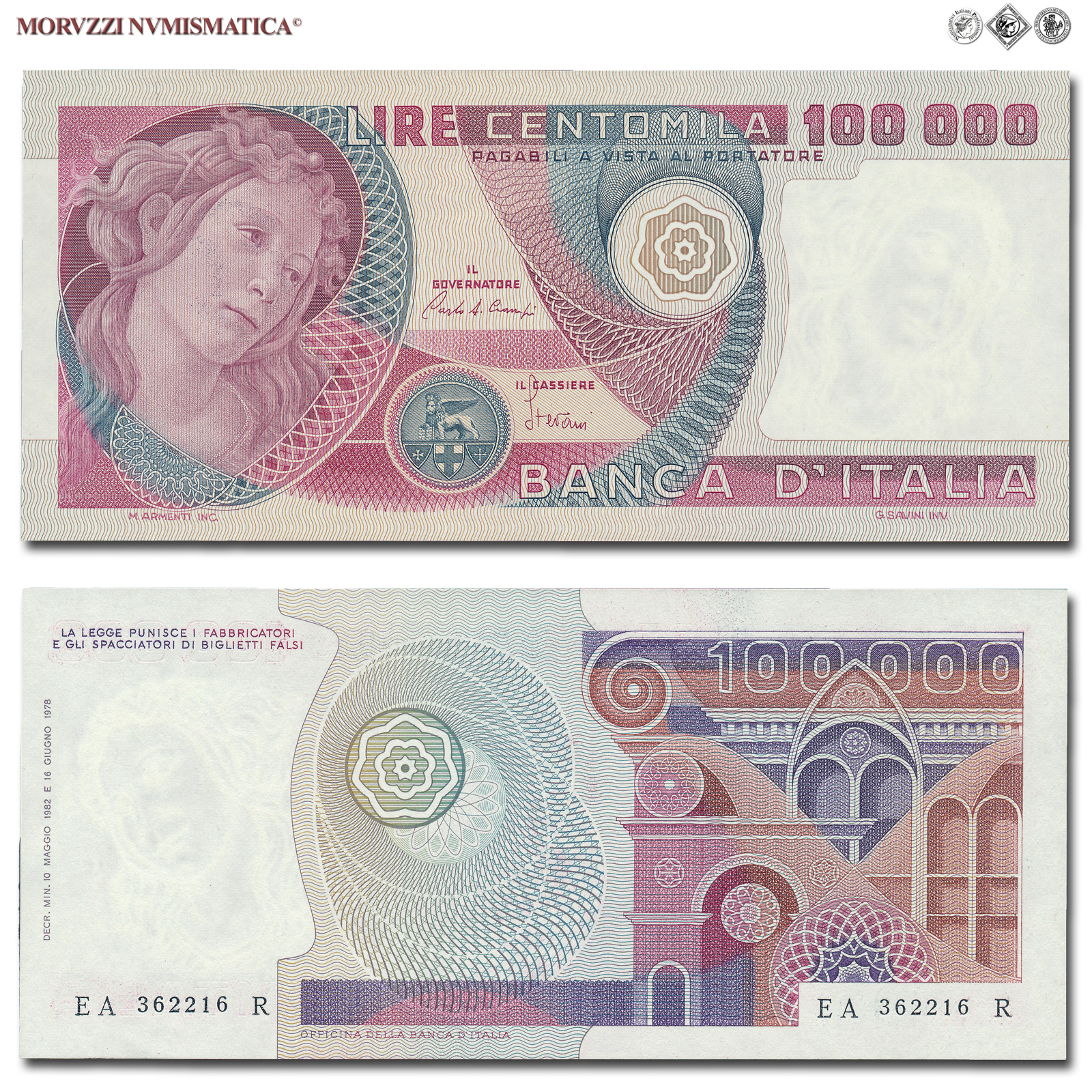 Repubblica Italiana, BANCA D'ITALIA, 100000 LIRE, 10.05.1982, Botticelli, Firme: Ciampi, Stevani, FDS, (Crapanzano 619) / banconote italiane (cartamoneta italiana - biglietti da collezione - banconota da 100.000 lire) | Moruzzi Numismatica