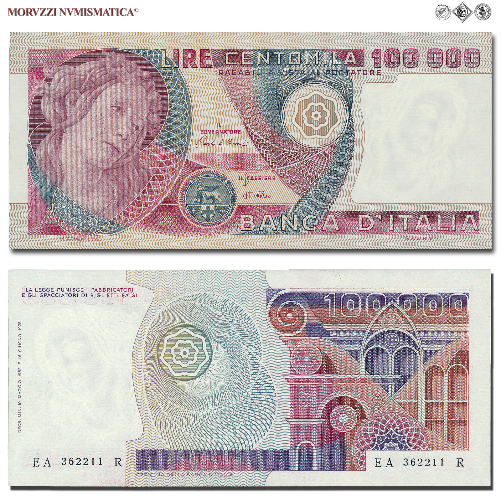 Repubblica Italiana, BANCA D'ITALIA, 100000 LIRE, 10.05.1982, Botticelli, Firme: Ciampi, Stevani, FDS, (Crapanzano 619) / banconote italiane (cartamoneta italiana - biglietti da collezione - banconota da 100.000 lire) | Moruzzi Numismatica