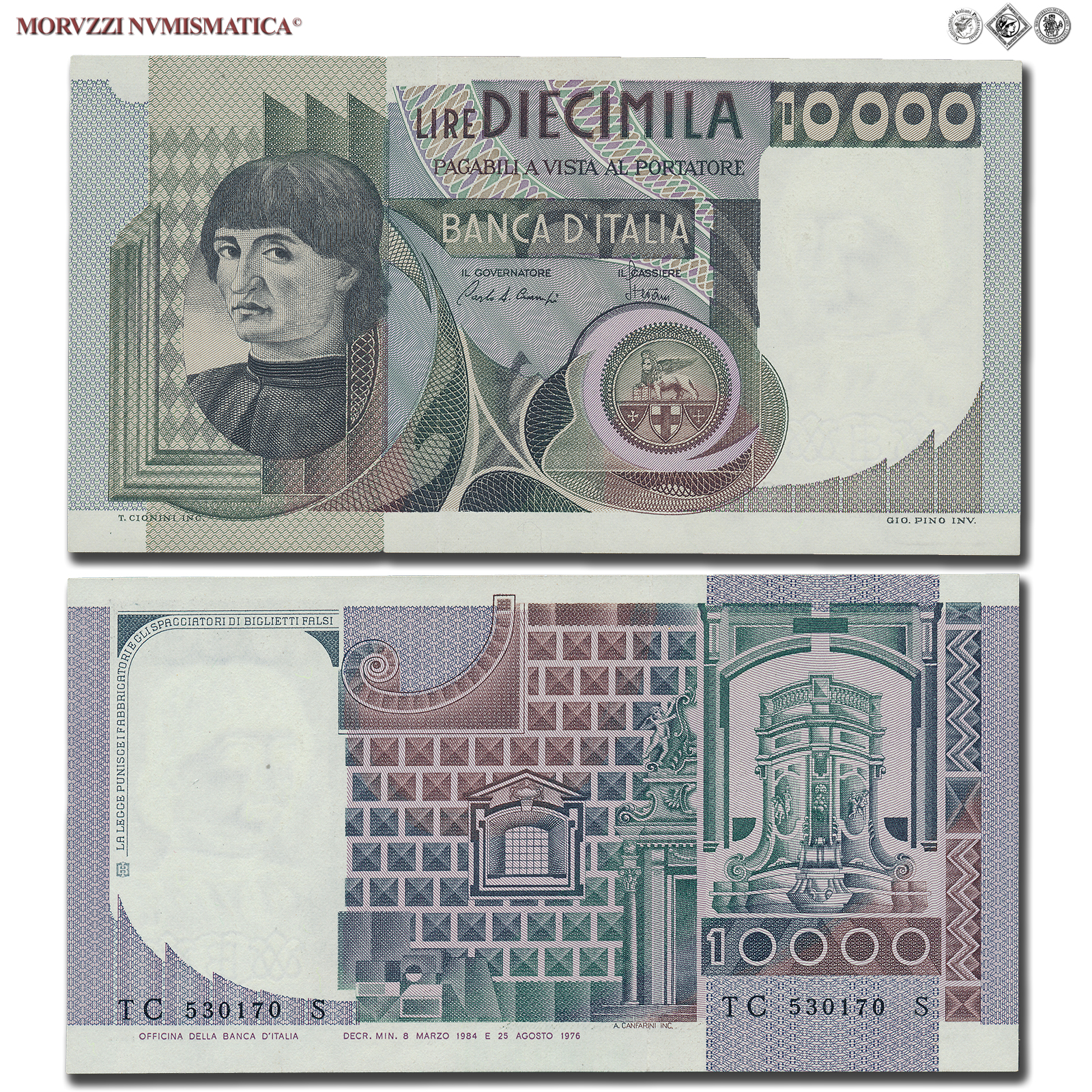 Repubblica Italiana, BANCA D'ITALIA, 10000 LIRE, 08.03.1984, Busto d'uomo del Castagno - Machiavelli, Firme: Ciampi, Stevani, FDS, (Crapanzano 584) / banconote italiane (cartamoneta italiana da collezione - banconota da 10.000 lire) | Moruzzi Numismatica