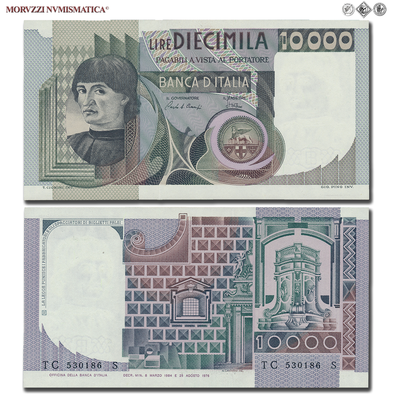 Repubblica Italiana, BANCA D'ITALIA, 10000 LIRE, 08.03.1984, Busto d'uomo del Castagno - Machiavelli, Firme: Ciampi, Stevani, FDS, (Crapanzano 584) / banconote italiane (cartamoneta italiana da collezione - banconota da 10.000 lire) | Moruzzi Numismatica