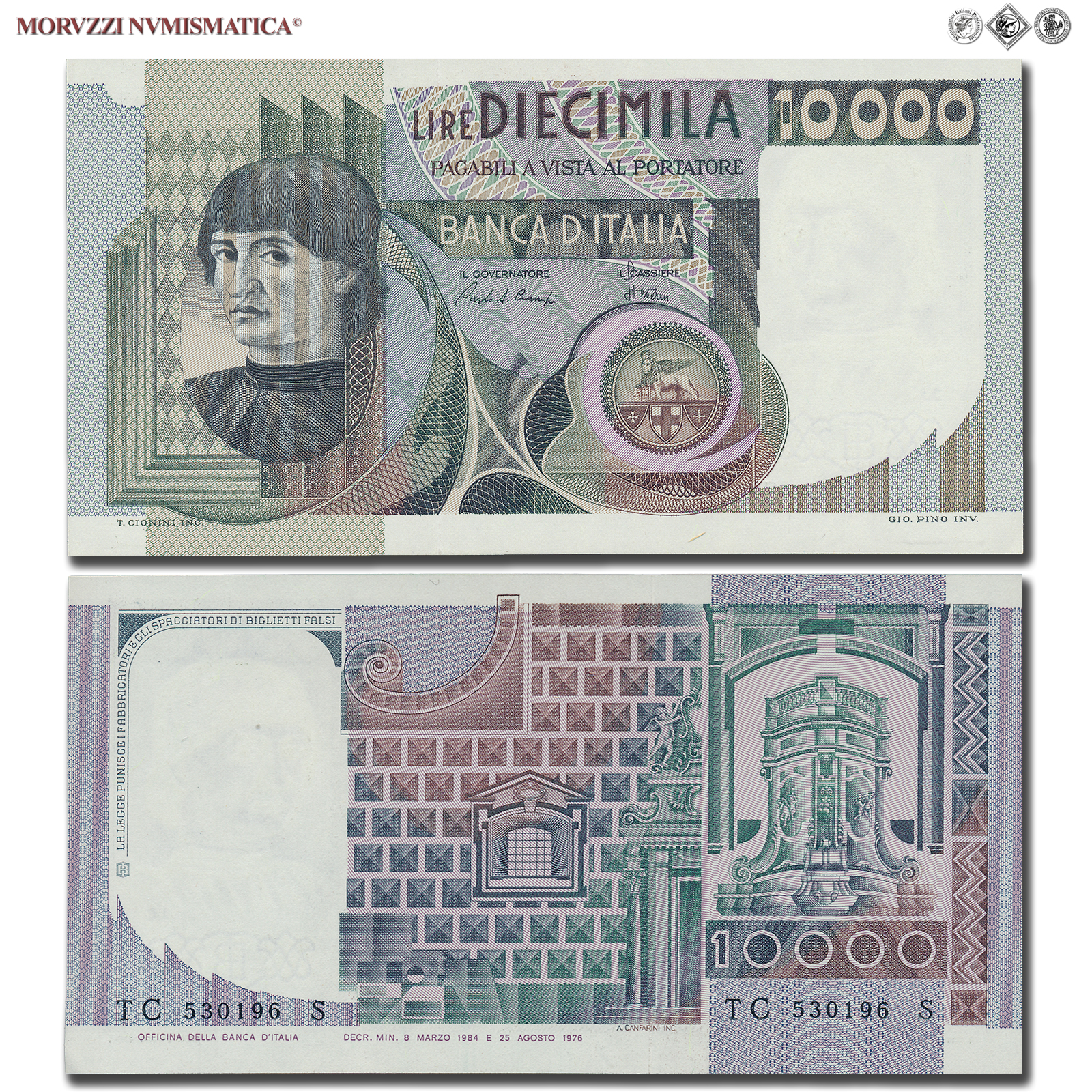 Repubblica Italiana, BANCA D'ITALIA, 10000 LIRE, 08.03.1984, Busto d'uomo del Castagno - Machiavelli, Firme: Ciampi, Stevani, FDS, (Crapanzano 584) / banconote italiane (cartamoneta italiana da collezione - banconota da 10.000 lire) | Moruzzi Numismatica