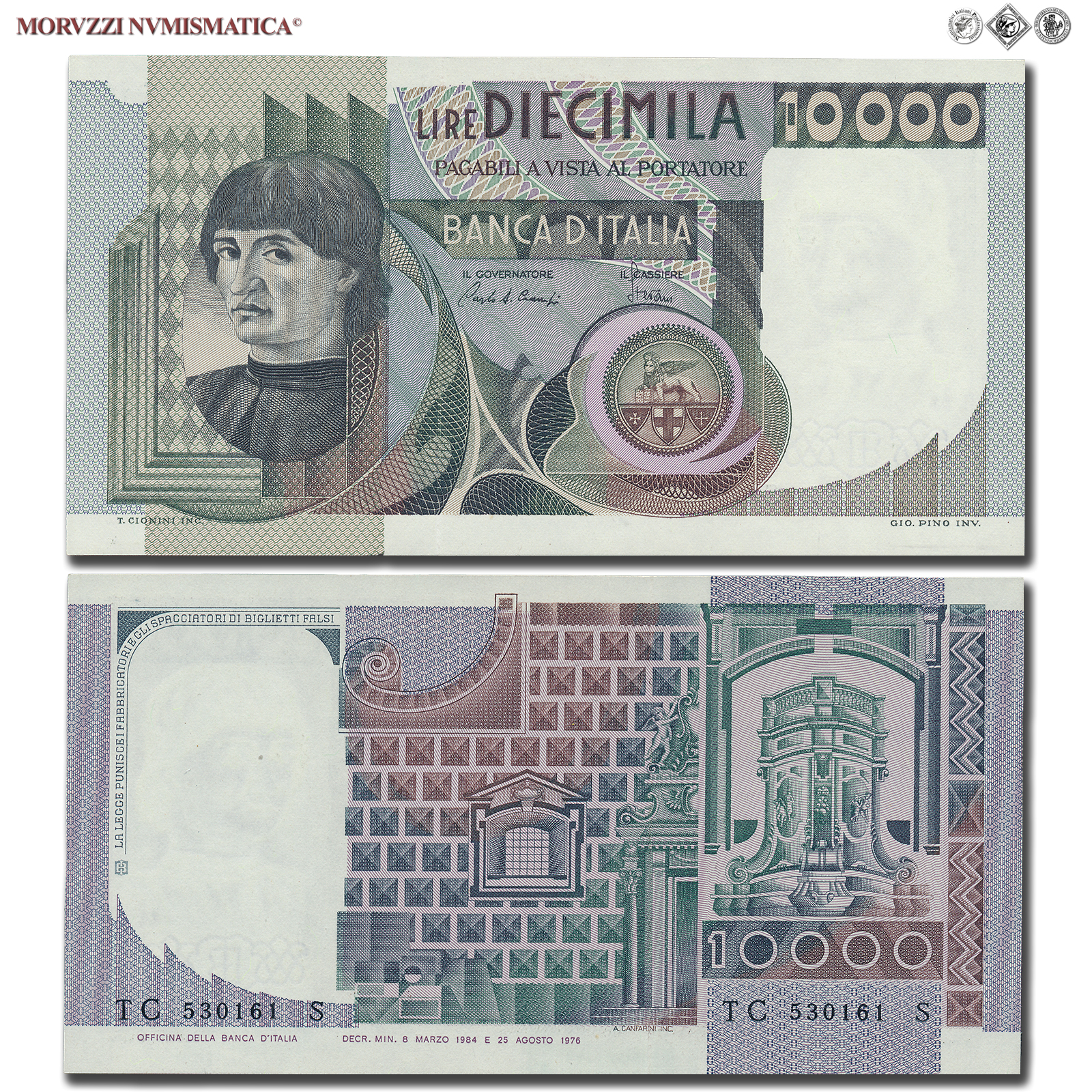 Repubblica Italiana, BANCA D'ITALIA, 10000 LIRE, 08.03.1984, Busto d'uomo del Castagno - Machiavelli, Firme: Ciampi, Stevani, FDS, (Crapanzano 584) / banconote italiane (cartamoneta italiana da collezione - banconota da 10.000 lire) | Moruzzi Numismatica
