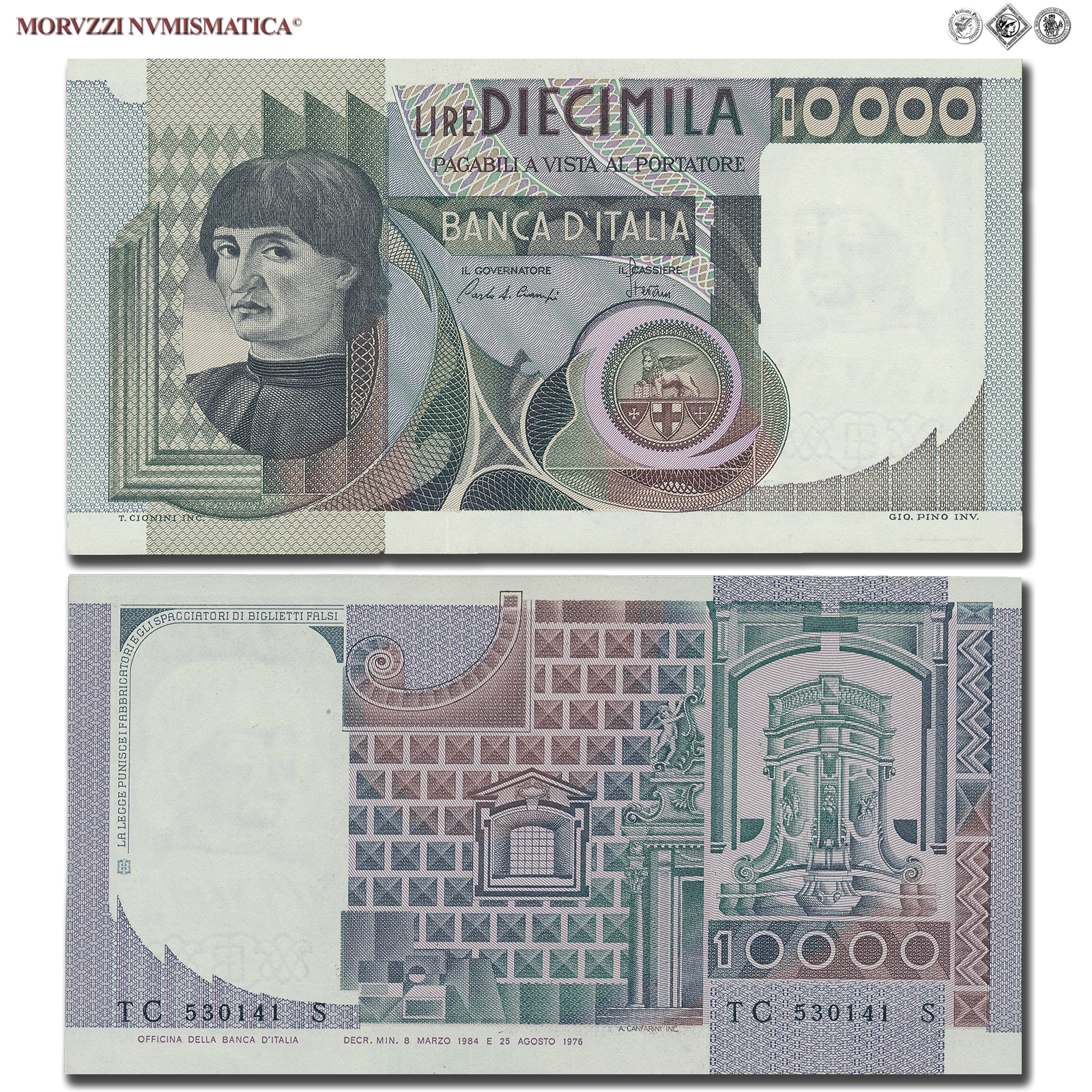 Repubblica Italiana, BANCA D'ITALIA, 10000 LIRE, 08.03.1984, Busto d'uomo del Castagno - Machiavelli, Firme: Ciampi, Stevani, FDS, (Crapanzano 584) / banconote italiane (cartamoneta italiana da collezione - banconota da 10.000 lire) | Moruzzi Numismatica