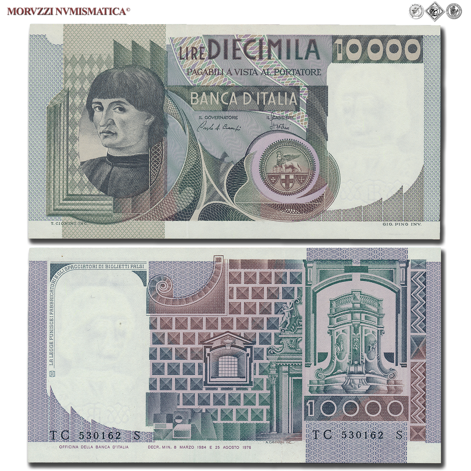 Repubblica Italiana, BANCA D'ITALIA, 10000 LIRE, 08.03.1984, Busto d'uomo del Castagno - Machiavelli, Firme: Ciampi, Stevani, FDS, (Crapanzano 584) / banconote italiane (cartamoneta italiana da collezione - banconota da 10.000 lire) | Moruzzi Numismatica