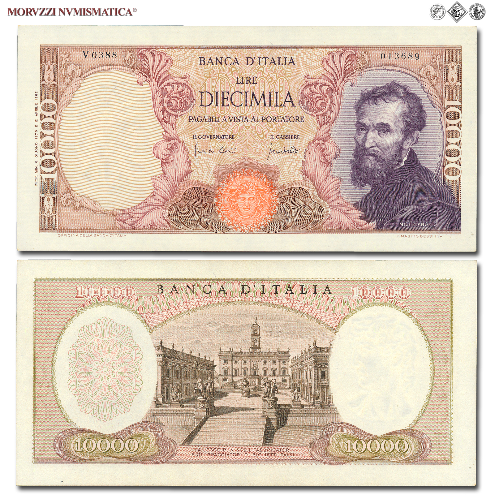 Repubblica Italiana, BANCA D'ITALIA, 10000 LIRE, 08.06.1970, Michelangelo, Firme: Carli, Lombardo, FDS, (Crapanzano 577) / banconote italiane (cartamoneta italiana da collezione - banconota da 10.000 lire) | Moruzzi Numismatica