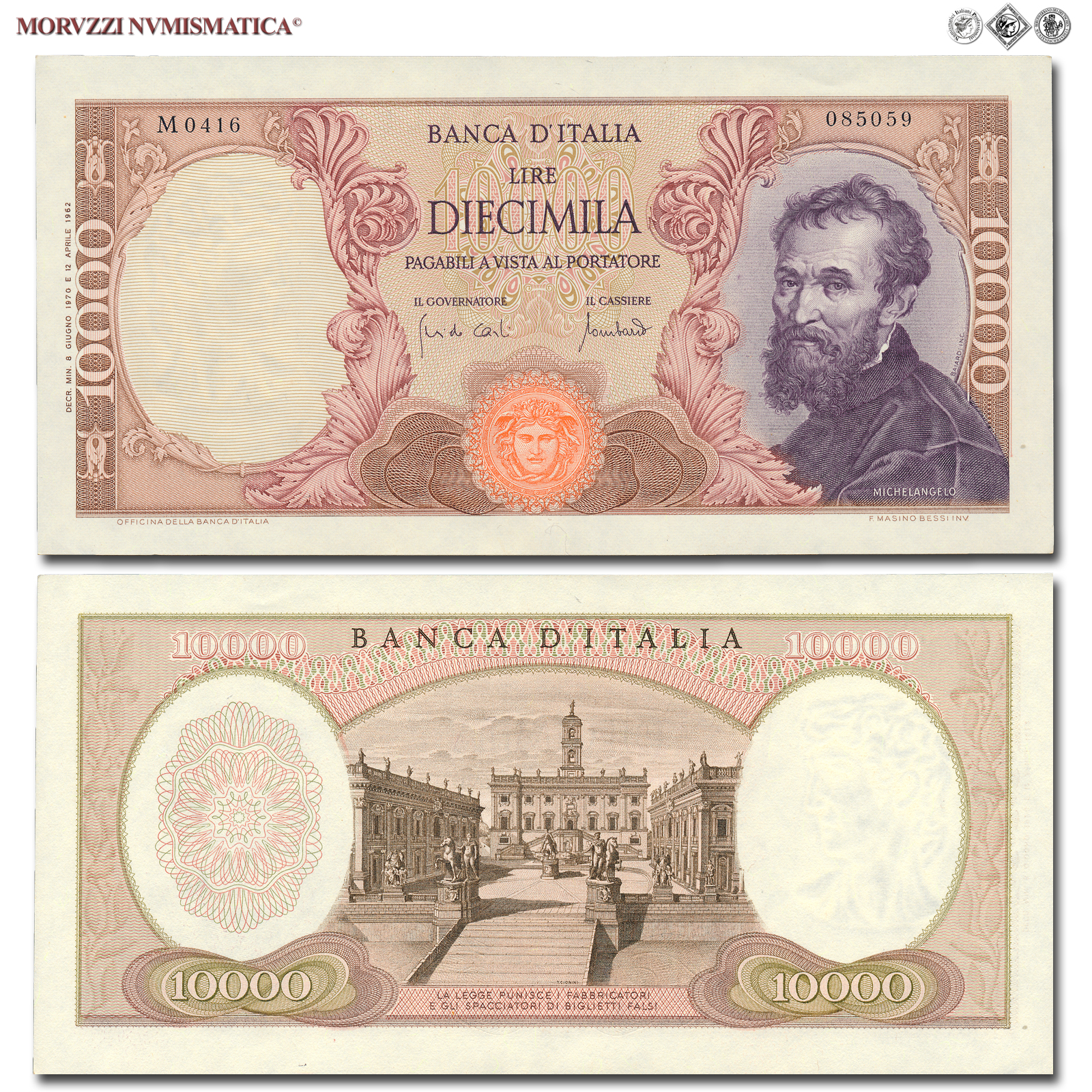 Repubblica Italiana, BANCA D'ITALIA, 10000 LIRE, 08.06.1970, Michelangelo, Firme: Carli, Lombardo, FDS, (Crapanzano 577) / banconote italiane (cartamoneta italiana da collezione - banconota da 10.000 lire) | Moruzzi Numismatica