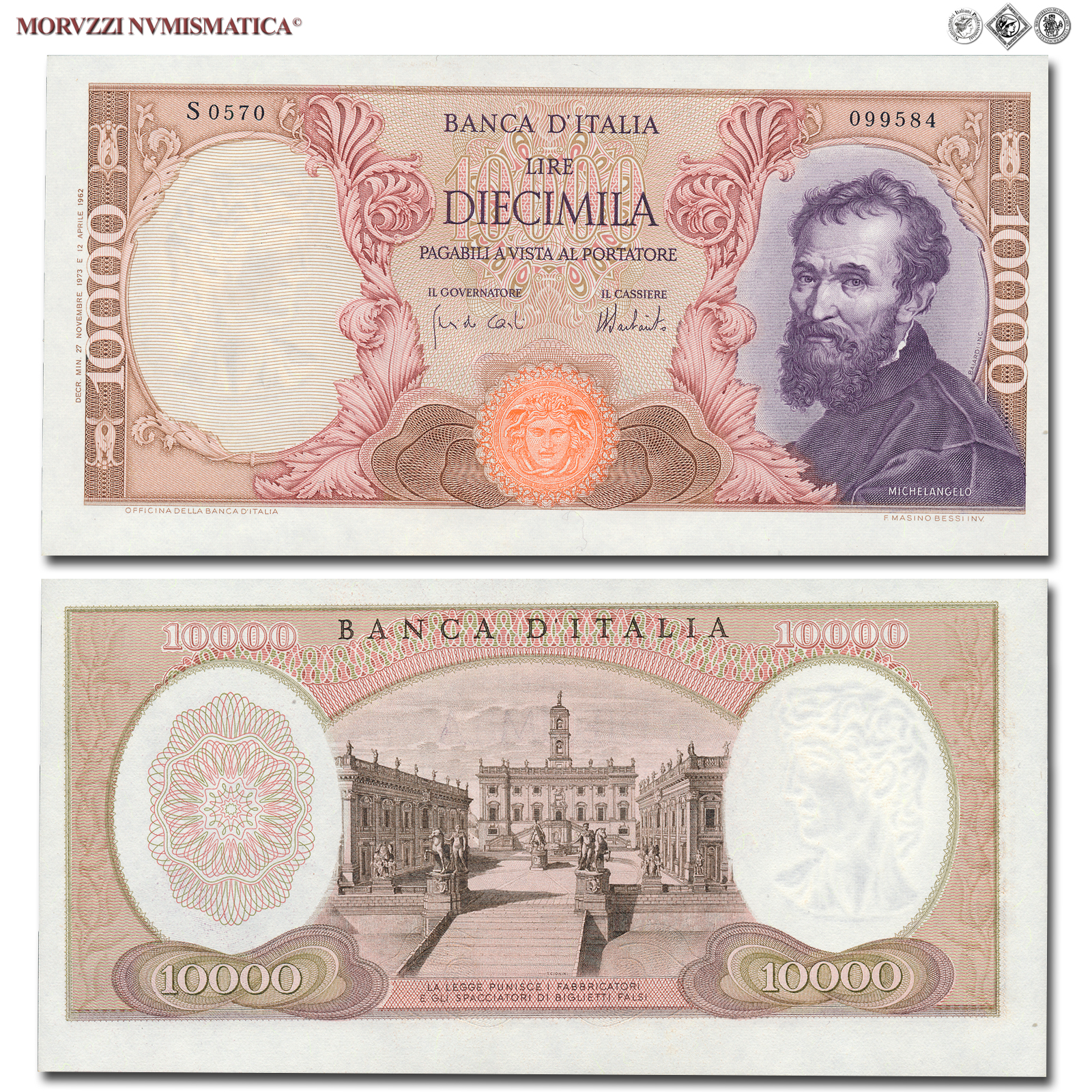 Repubblica Italiana, BANCA D'ITALIA, 10000 LIRE, 27.11.1973, Michelangelo, Firme: Carli, Barbarito, FDS, (Crapanzano 579) / banconote italiane (cartamoneta italiana - biglietti da collezione - banconota da 10.000 lire) | Moruzzi Numismatica