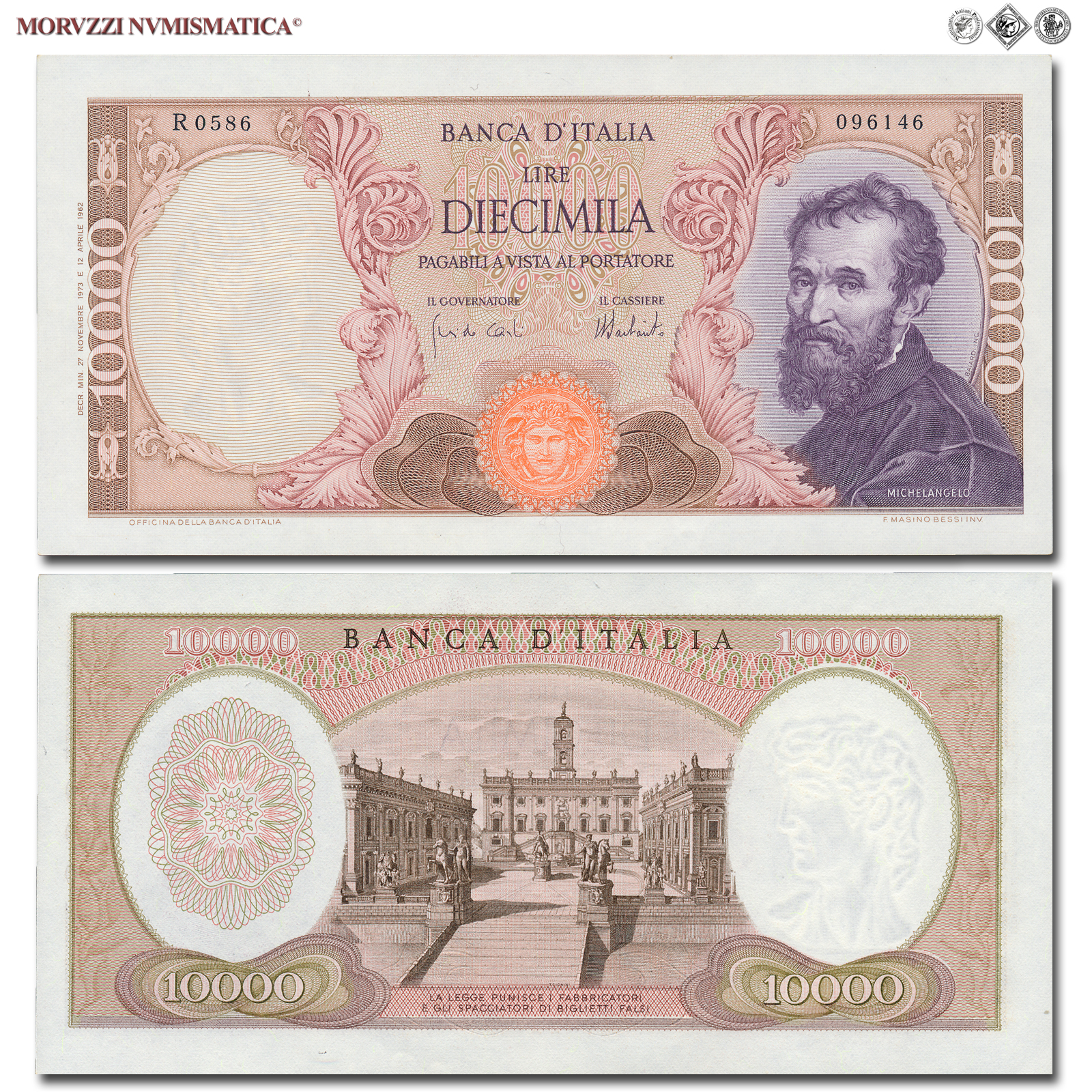 Repubblica Italiana, BANCA D'ITALIA, 10000 LIRE, 27.11.1973, Michelangelo, Firme: Carli, Barbarito, FDS, (Crapanzano 579) / banconote italiane (cartamoneta italiana - biglietti da collezione - banconota da 10.000 lire) | Moruzzi Numismatica