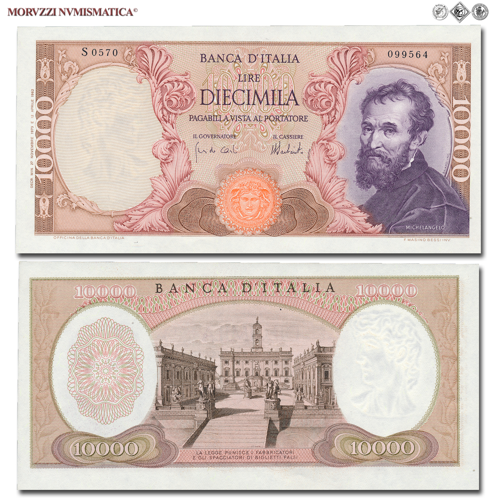 Repubblica Italiana, BANCA D'ITALIA, 10000 LIRE, 27.11.1973, Michelangelo, Firme: Carli, Barbarito, FDS, (Crapanzano 579) / banconote italiane (cartamoneta italiana - biglietti da collezione - banconota da 10.000 lire) | Moruzzi Numismatica