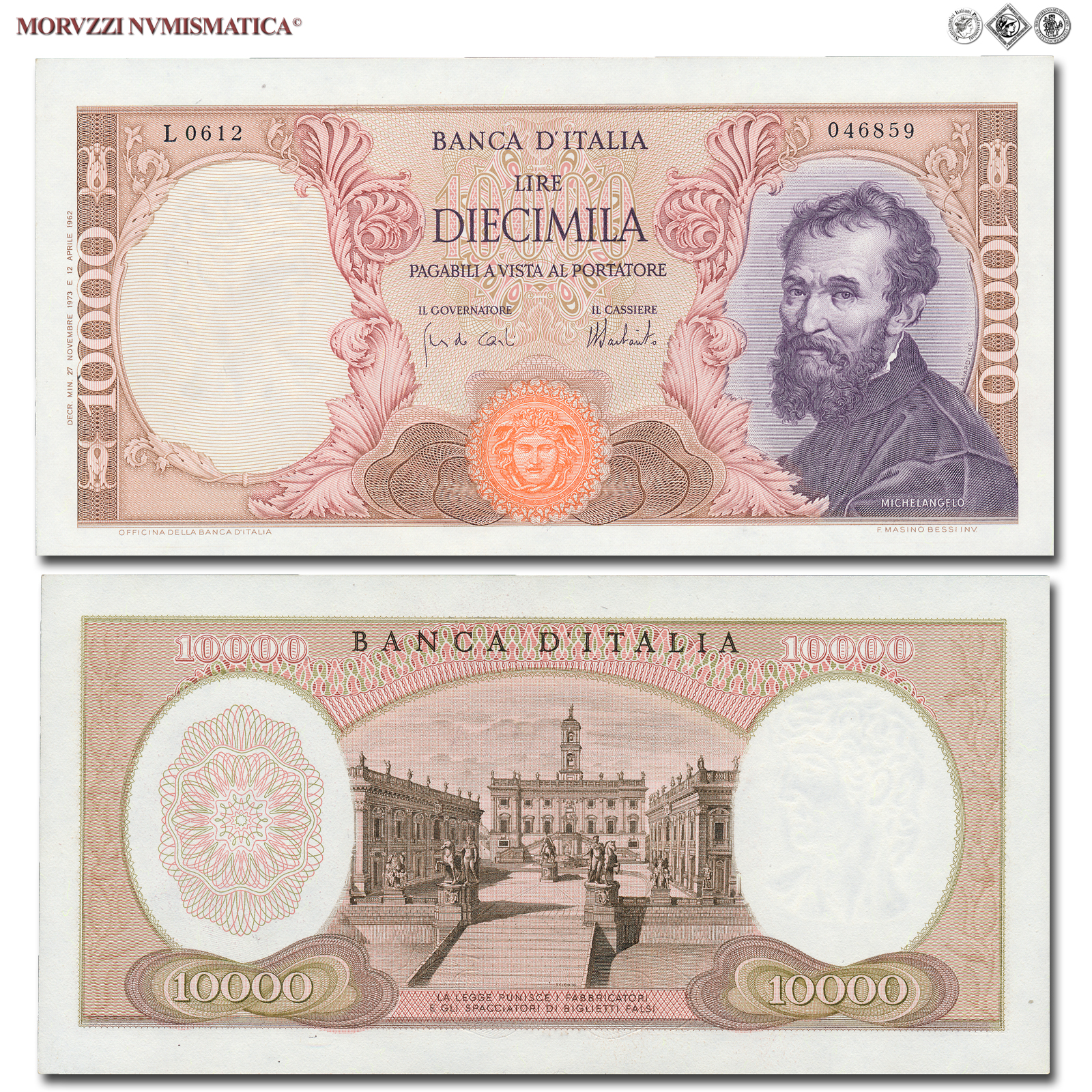 Repubblica Italiana, BANCA D'ITALIA, 10000 LIRE, 27.11.1973, Michelangelo, Firme: Carli, Barbarito, FDS, (Crapanzano 579) / banconote italiane (cartamoneta italiana - biglietti da collezione - banconota da 10.000 lire) | Moruzzi Numismatica