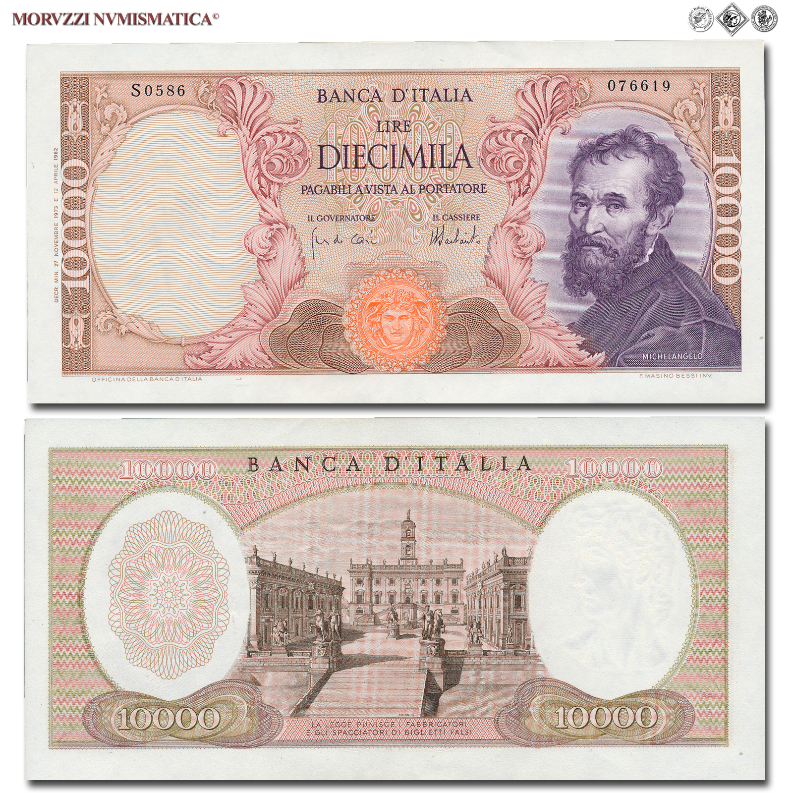 Repubblica Italiana, BANCA D'ITALIA, 10000 LIRE, 27.11.1973, Michelangelo, Firme: Carli, Barbarito, FDS, (Crapanzano 579) / banconote italiane (cartamoneta italiana - biglietti da collezione - banconota da 10.000 lire) | Moruzzi Numismatica