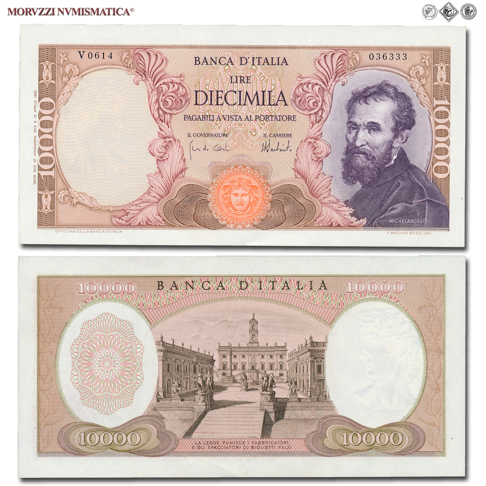 Repubblica Italiana, BANCA D'ITALIA, 10000 LIRE, 27.11.1973, Michelangelo, Firme: Carli, Barbarito, FDS, (Crapanzano 579) / banconote italiane (cartamoneta italiana - biglietti da collezione - banconota da 10.000 lire) | Moruzzi Numismatica