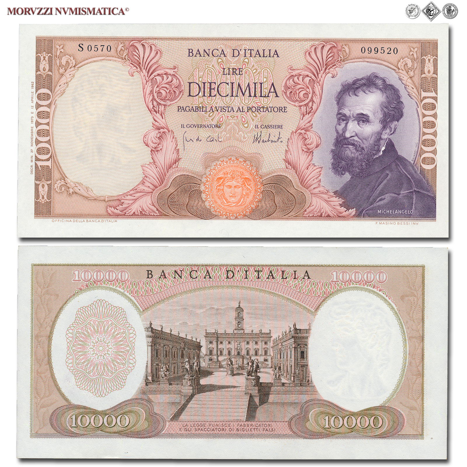 Repubblica Italiana, BANCA D'ITALIA, 10000 LIRE, 27.11.1973, Michelangelo, Firme: Carli, Barbarito, FDS, (Crapanzano 579) / banconote italiane (cartamoneta italiana - biglietti da collezione - banconota da 10.000 lire) | Moruzzi Numismatica
