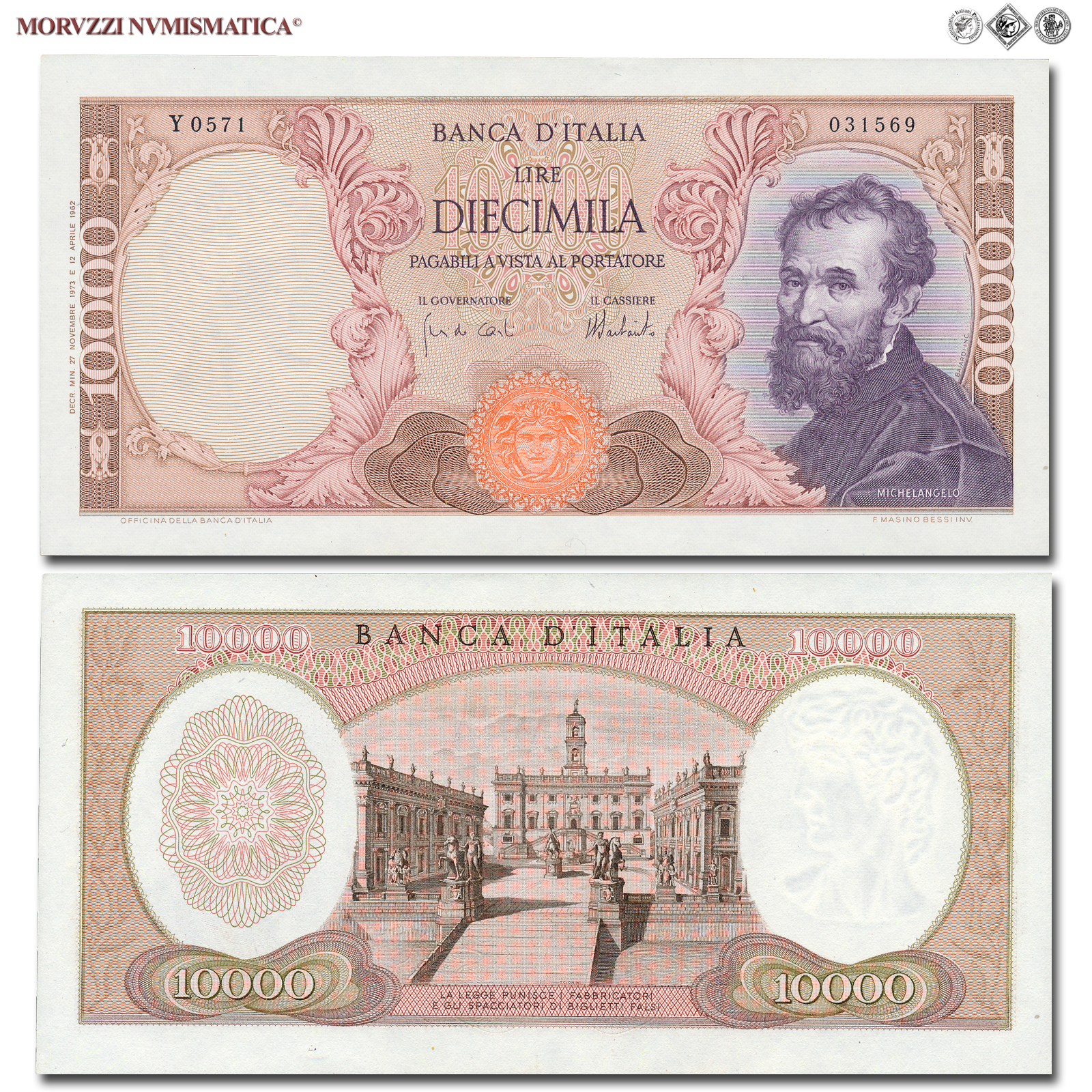 Repubblica Italiana, BANCA D'ITALIA, 10000 LIRE, 27.11.1973, Michelangelo, Firme: Carli, Barbarito, FDS, (Crapanzano 579) / banconote italiane (cartamoneta italiana - biglietti da collezione - banconota da 10.000 lire) | Moruzzi Numismatica