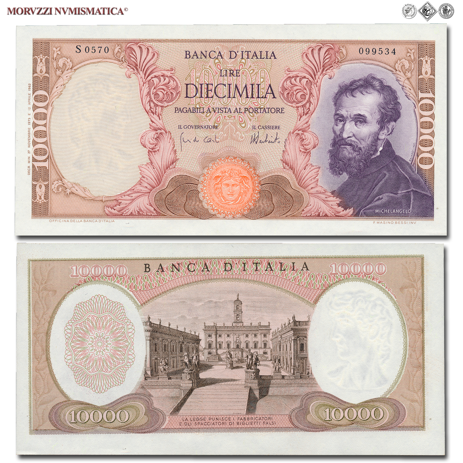 Repubblica Italiana, BANCA D'ITALIA, 10000 LIRE, 27.11.1973, Michelangelo, Firme: Carli, Barbarito, FDS, (Crapanzano 579) / banconote italiane (cartamoneta italiana - biglietti da collezione - banconota da 10.000 lire) | Moruzzi Numismatica