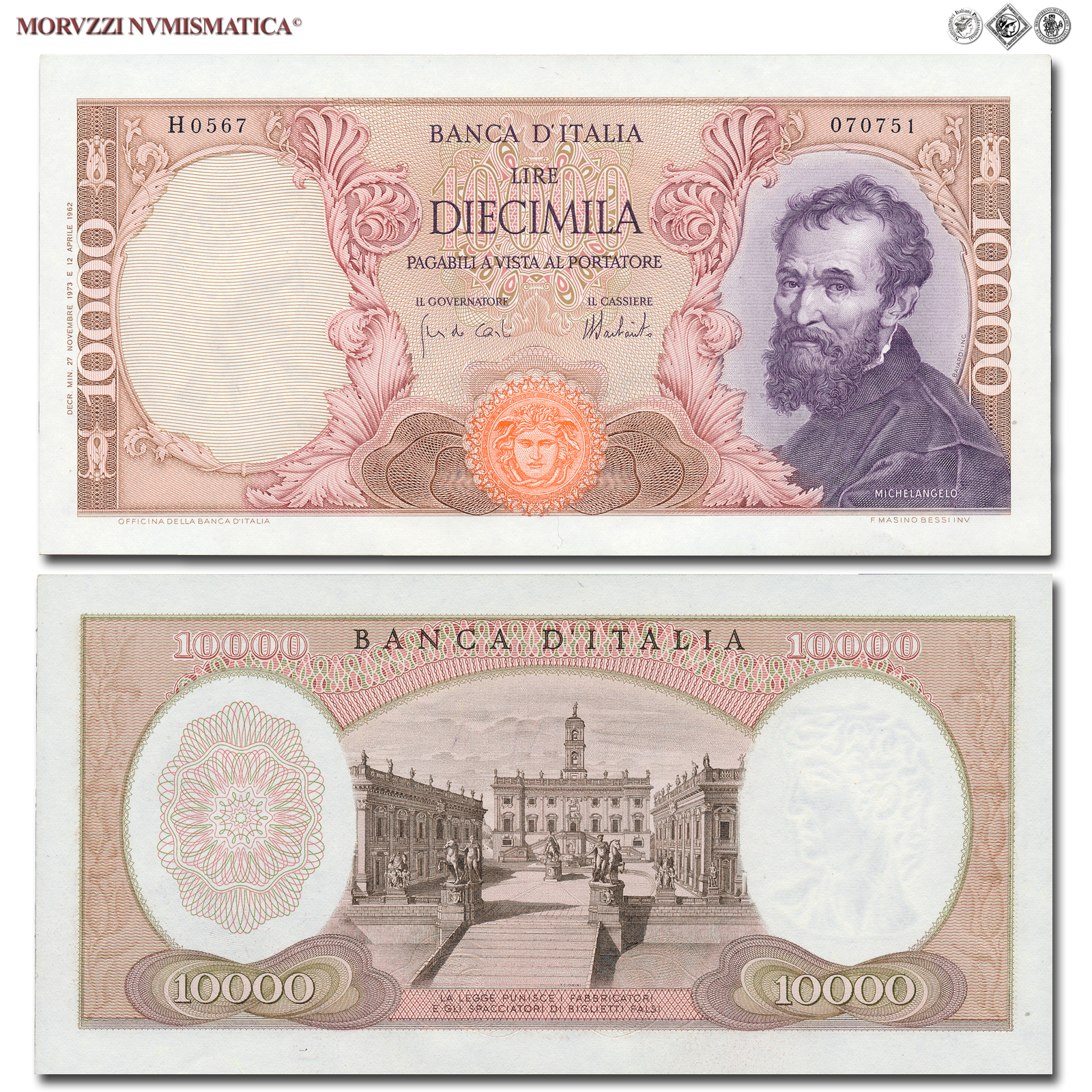 Repubblica Italiana, BANCA D'ITALIA, 10000 LIRE, 27.11.1973, Michelangelo, Firme: Carli, Barbarito, FDS, (Crapanzano 579) / banconote italiane (cartamoneta italiana - biglietti da collezione - banconota da 10.000 lire) | Moruzzi Numismatica
