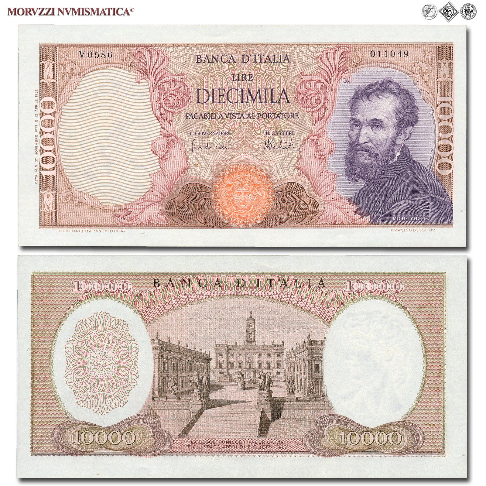 Repubblica Italiana, BANCA D'ITALIA, 10000 LIRE, 27.11.1973, Michelangelo, Firme: Carli, Barbarito, FDS, (Crapanzano 579) / banconote italiane (cartamoneta italiana - biglietti da collezione - banconota da 10.000 lire) | Moruzzi Numismatica
