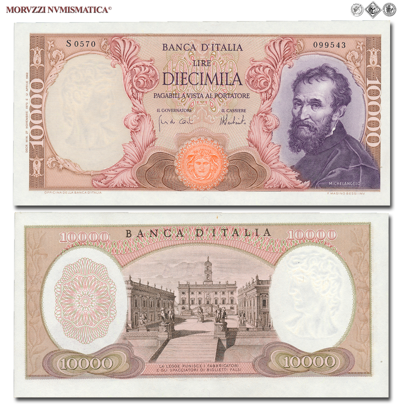 Repubblica Italiana, BANCA D'ITALIA, 10000 LIRE, 27.11.1973, Michelangelo, Firme: Carli, Barbarito, FDS, (Crapanzano 579) / banconote italiane (cartamoneta italiana - biglietti da collezione - banconota da 10.000 lire) | Moruzzi Numismatica