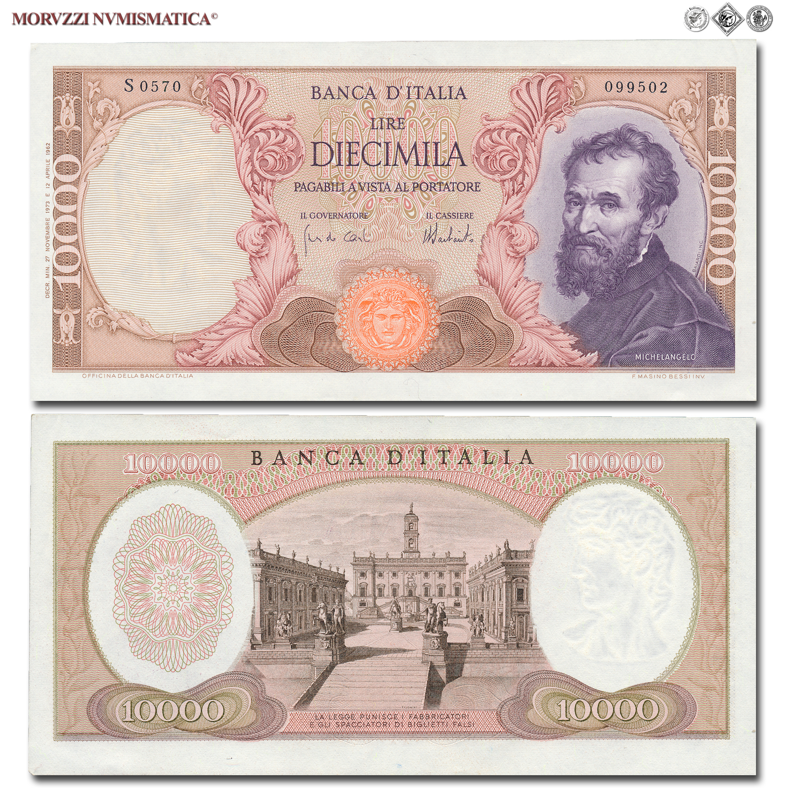 Repubblica Italiana, BANCA D'ITALIA, 10000 LIRE, 27.11.1973, Michelangelo, Firme: Carli, Barbarito, qFDS, (Crapanzano 579) / banconote italiane (cartamoneta italiana - biglietti da collezione - banconota da 10.000 lire) | Moruzzi Numismatica