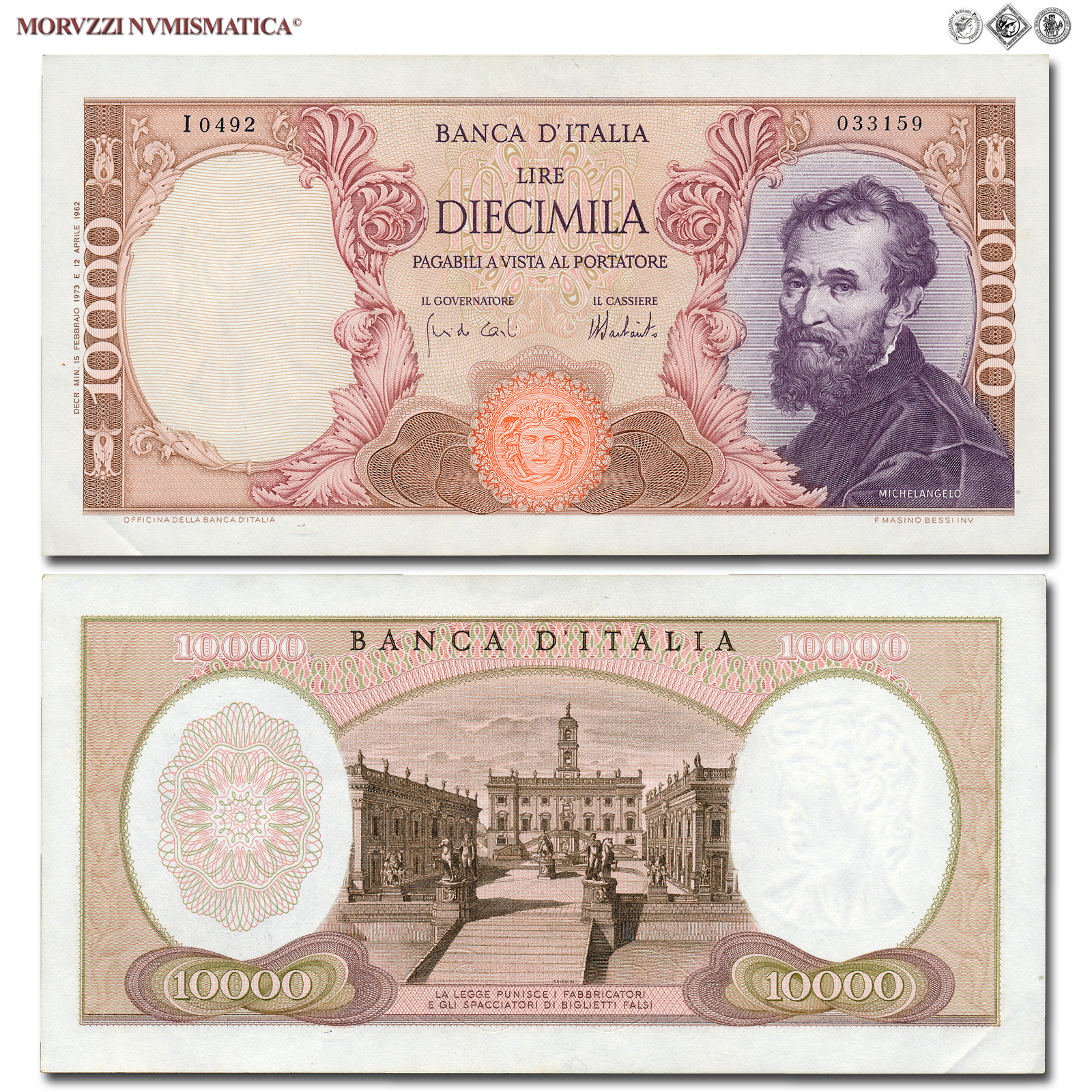 Repubblica Italiana, BANCA D'ITALIA, 10000 LIRE, 15.02.1973, Michelangelo, Firme: Carli, Barbarito, FDS, (Crapanzano 578) / banconote italiane (cartamoneta italiana - biglietti da collezione - banconota da 10.000 lire) | Moruzzi Numismatica