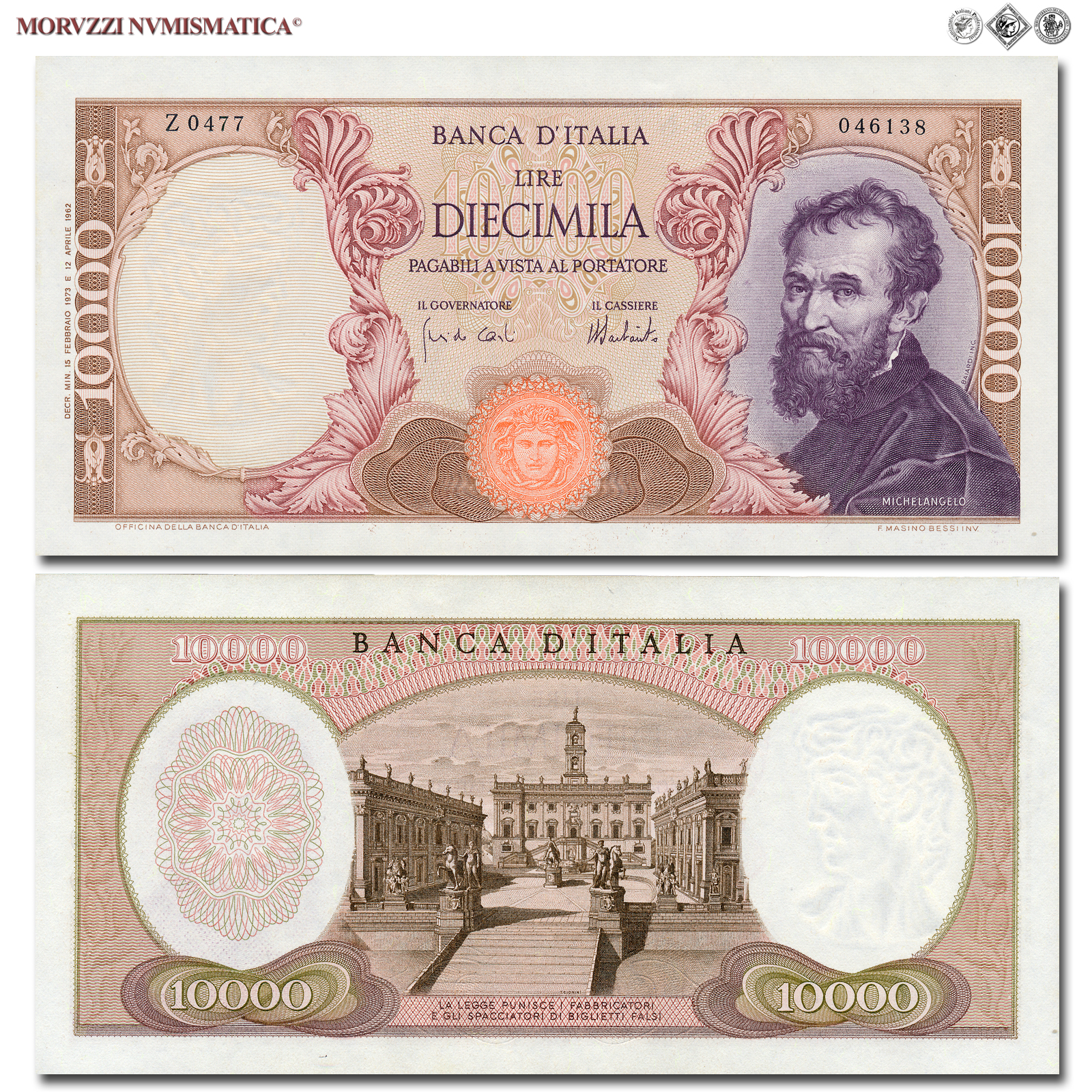 Repubblica Italiana, BANCA D'ITALIA, 10000 LIRE, 15.02.1973, Michelangelo, Firme: Carli, Barbarito, FDS, (Crapanzano 578) / banconote italiane (cartamoneta italiana - biglietti da collezione - banconota da 10.000 lire) | Moruzzi Numismatica