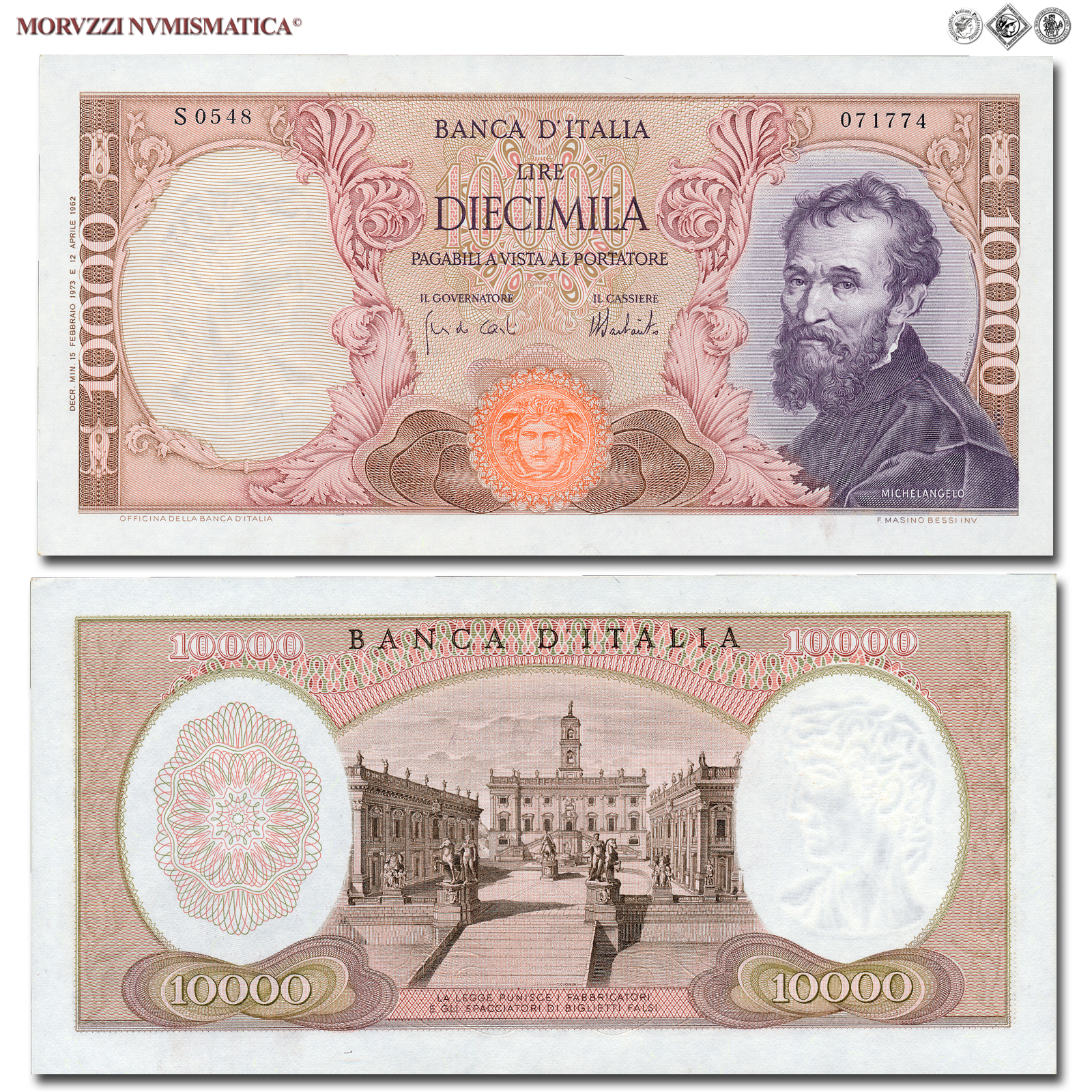 Repubblica Italiana, BANCA D'ITALIA, 10000 LIRE, 15.02.1973, Michelangelo, Firme: Carli, Barbarito, FDS, (Crapanzano 578) / banconote italiane (cartamoneta italiana - biglietti da collezione - banconota da 10.000 lire) | Moruzzi Numismatica