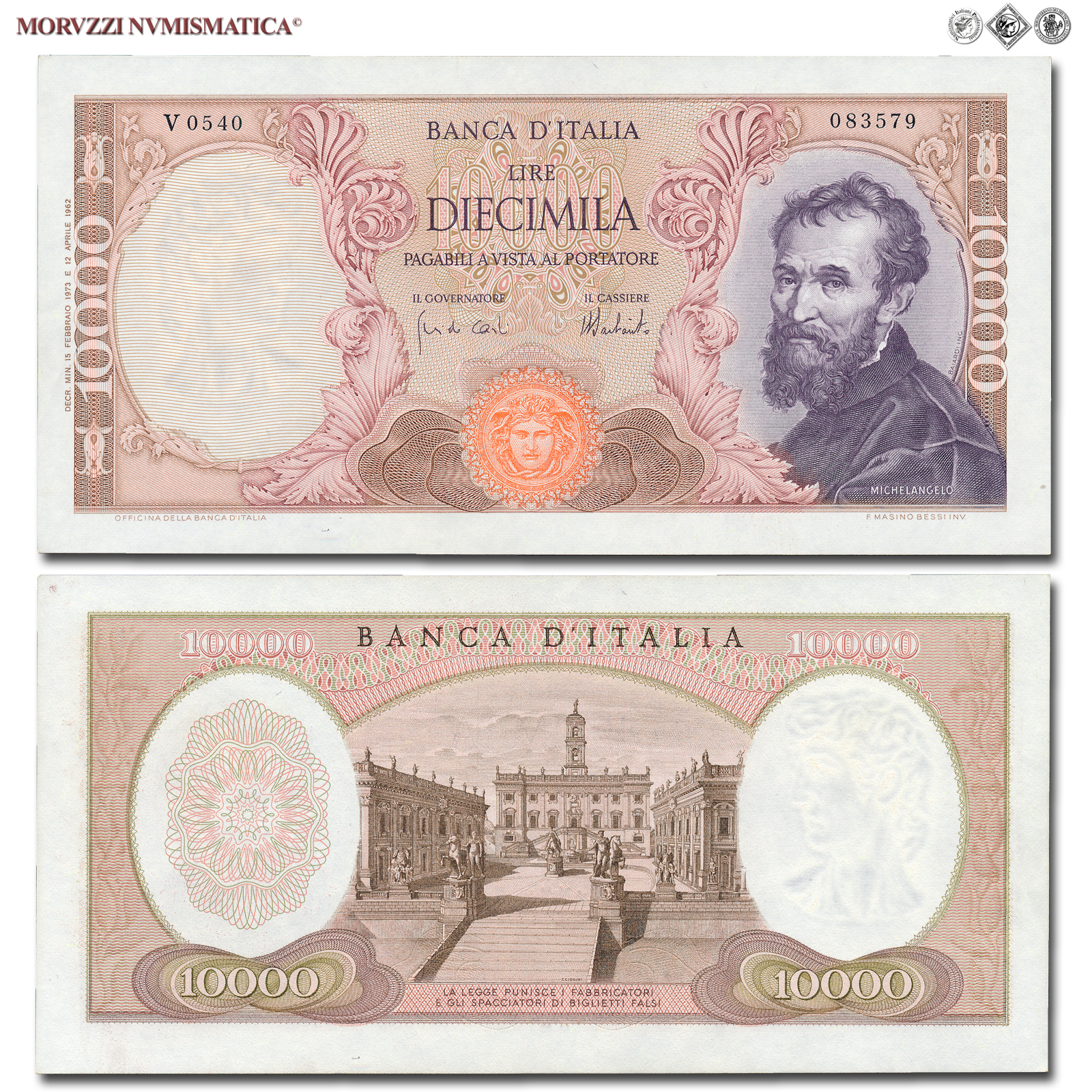Repubblica Italiana, BANCA D'ITALIA, 10000 LIRE, 15.02.1973, Michelangelo, Firme: Carli, Barbarito, FDS, (Crapanzano 578) / banconote italiane (cartamoneta italiana - biglietti da collezione - banconota da 10.000 lire) | Moruzzi Numismatica