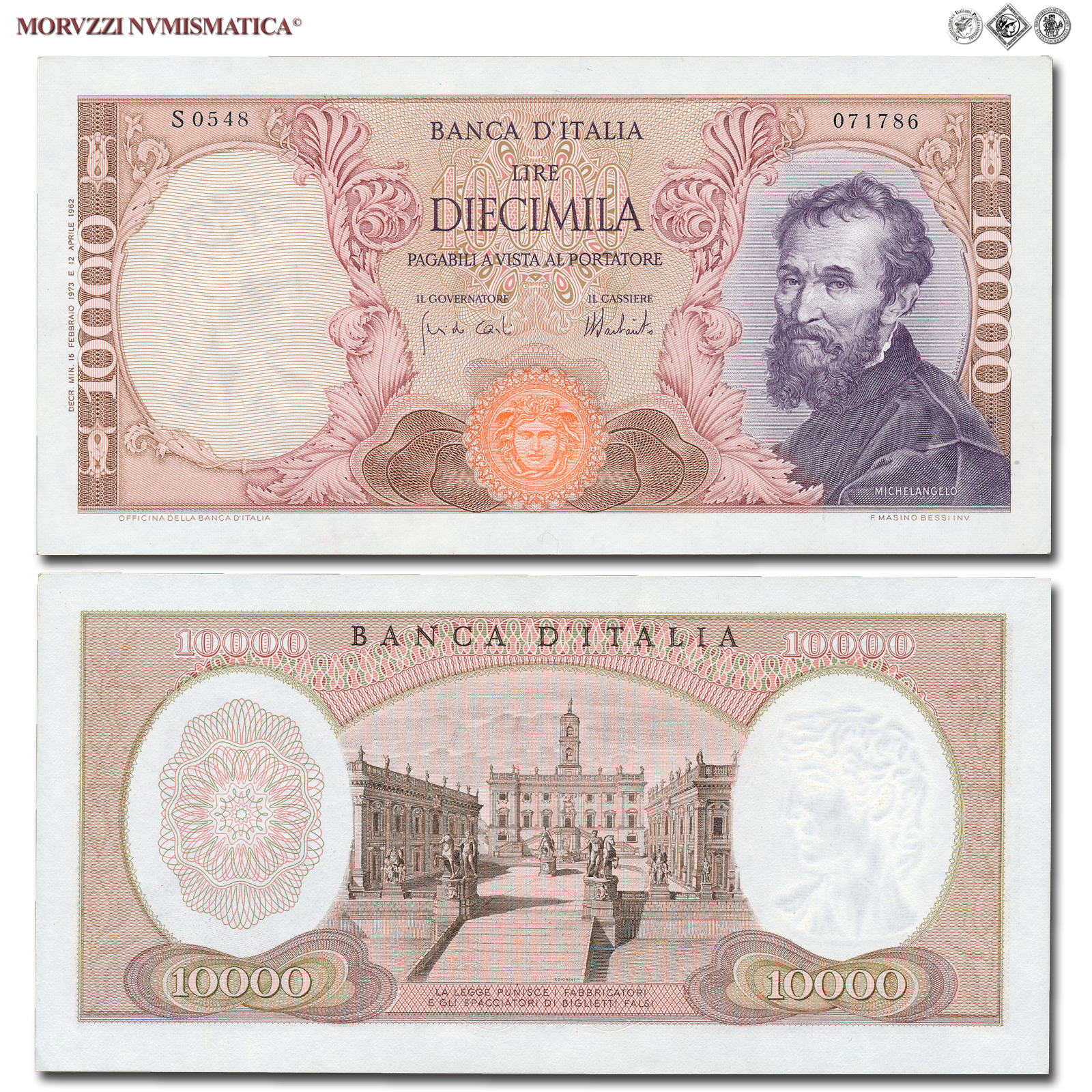 Repubblica Italiana, BANCA D'ITALIA, 10000 LIRE, 15.02.1973, Michelangelo, Firme: Carli, Barbarito, FDS, (Crapanzano 578) / banconote italiane (cartamoneta italiana - biglietti da collezione - banconota da 10.000 lire) | Moruzzi Numismatica