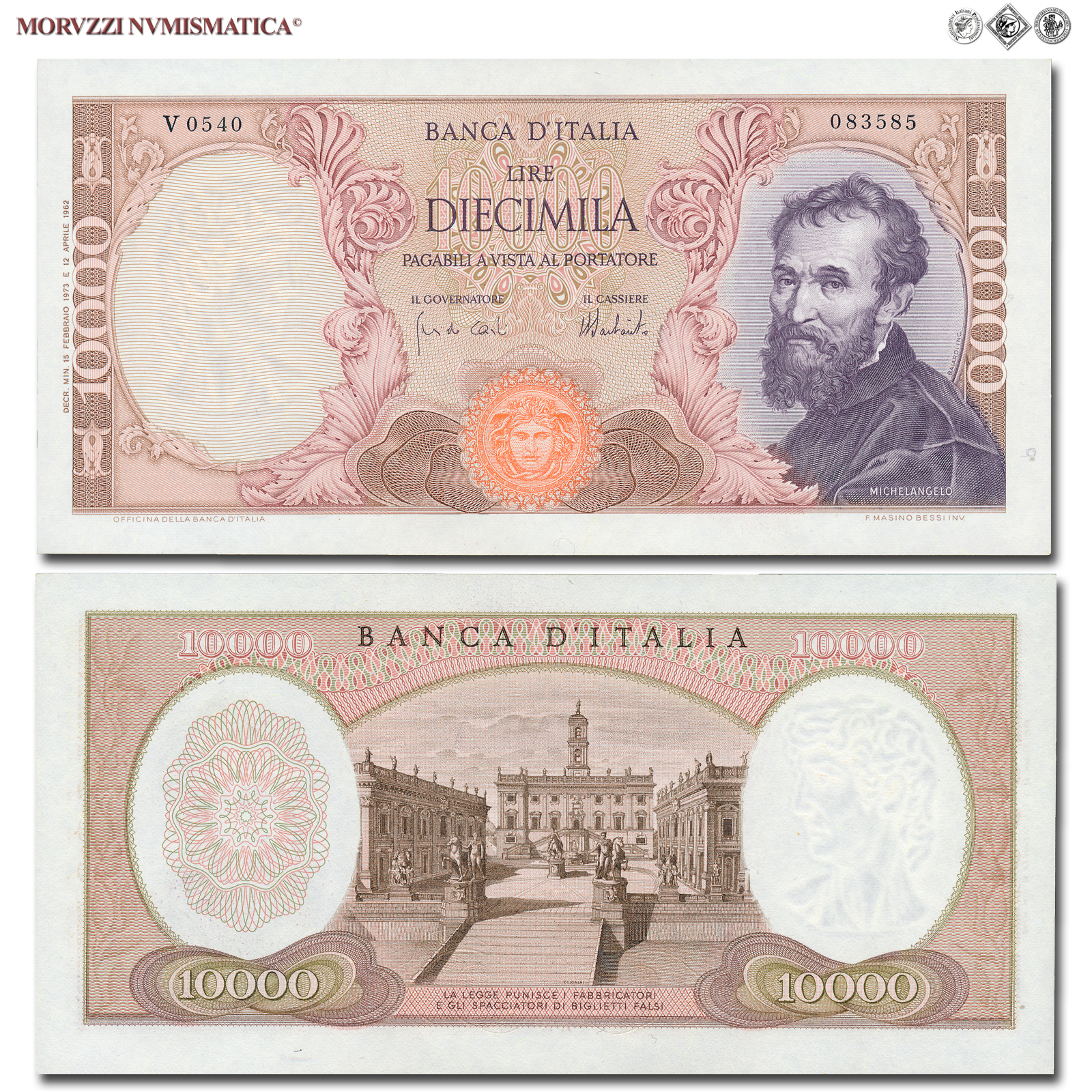 Repubblica Italiana, BANCA D'ITALIA, 10000 LIRE, 15.02.1973, Michelangelo, Firme: Carli, Barbarito, FDS, (Crapanzano 578) / banconote italiane (cartamoneta italiana - biglietti da collezione - banconota da 10.000 lire) | Moruzzi Numismatica
