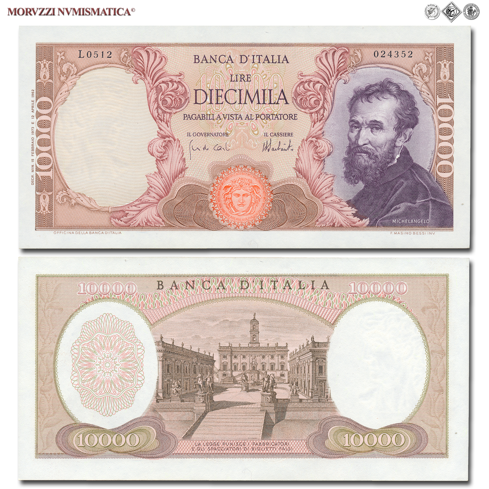 Repubblica Italiana, BANCA D'ITALIA, 10000 LIRE, 15.02.1973, Michelangelo, Firme: Carli, Barbarito, FDS, (Crapanzano 578) / banconote italiane (cartamoneta italiana - biglietti da collezione - banconota da 10.000 lire) | Moruzzi Numismatica
