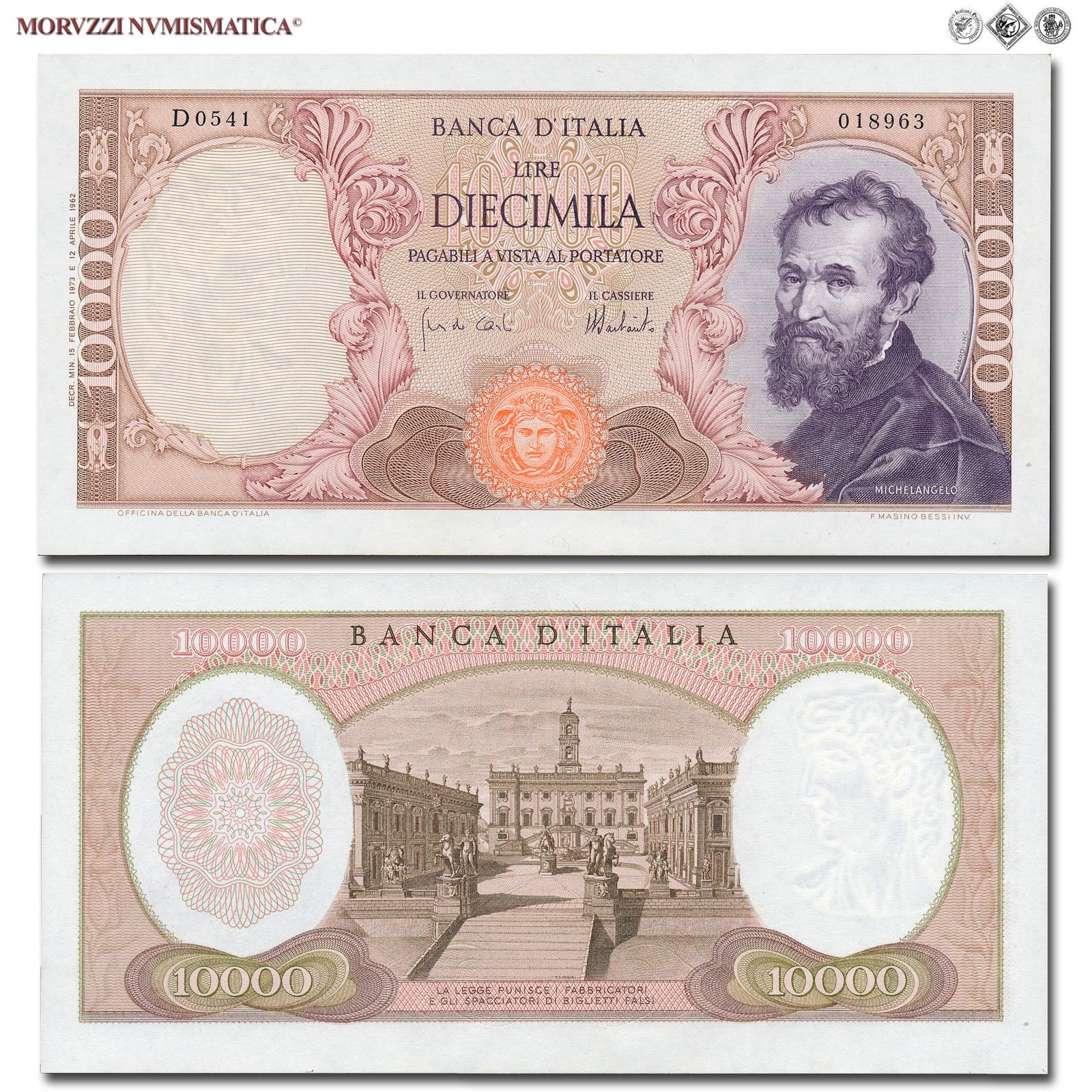 Repubblica Italiana, BANCA D'ITALIA, 10000 LIRE, 15.02.1973, Michelangelo, Firme: Carli, Barbarito, FDS, (Crapanzano 578) / banconote italiane (cartamoneta italiana - biglietti da collezione - banconota da 10.000 lire) | Moruzzi Numismatica