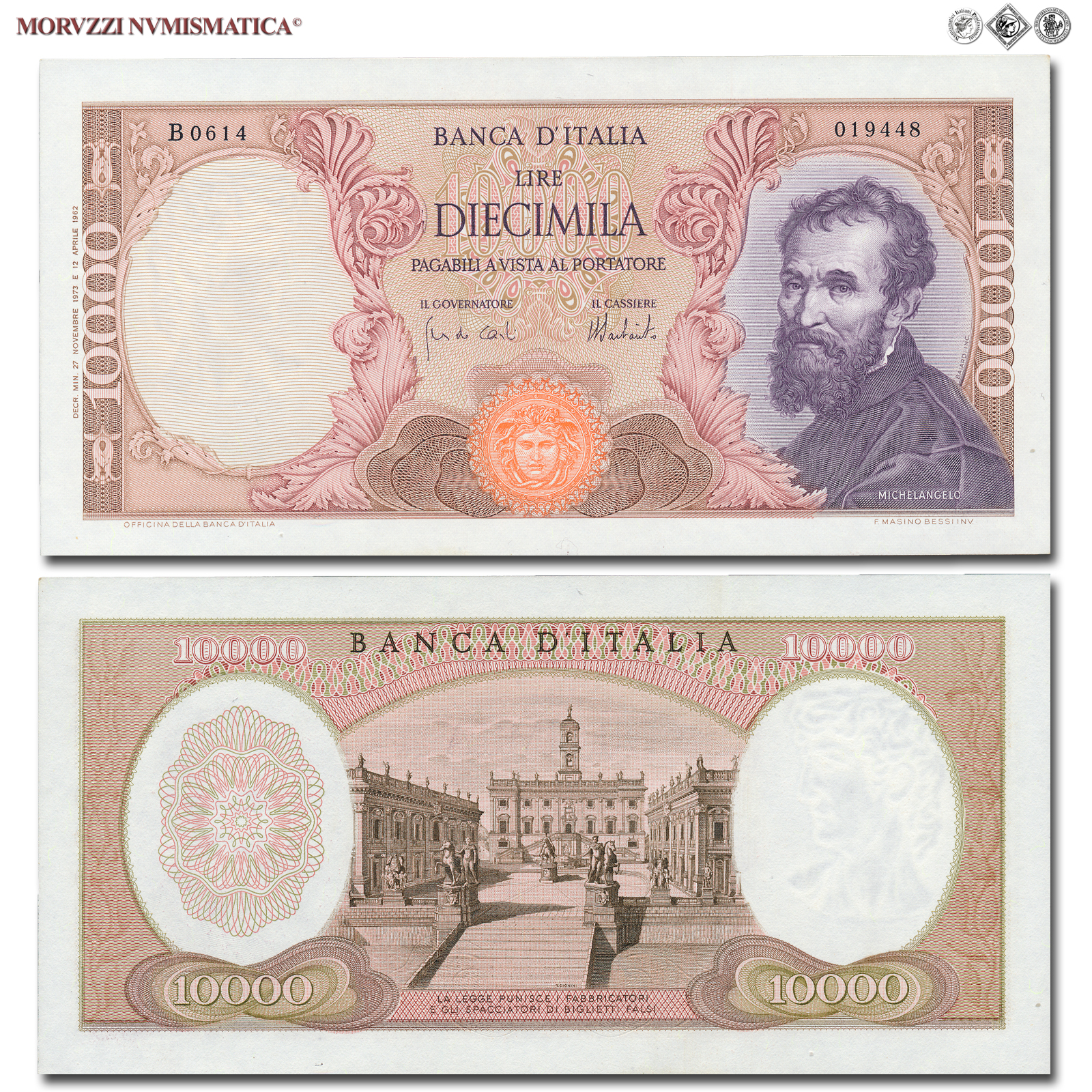 Repubblica Italiana, BANCA D'ITALIA, 10000 LIRE, 27.11.1973, Michelangelo, Firme: Carli, Barbarito, FDS, (Crapanzano 579) / banconote italiane (cartamoneta italiana - biglietti da collezione - banconota da 10.000 lire) | Moruzzi Numismatica